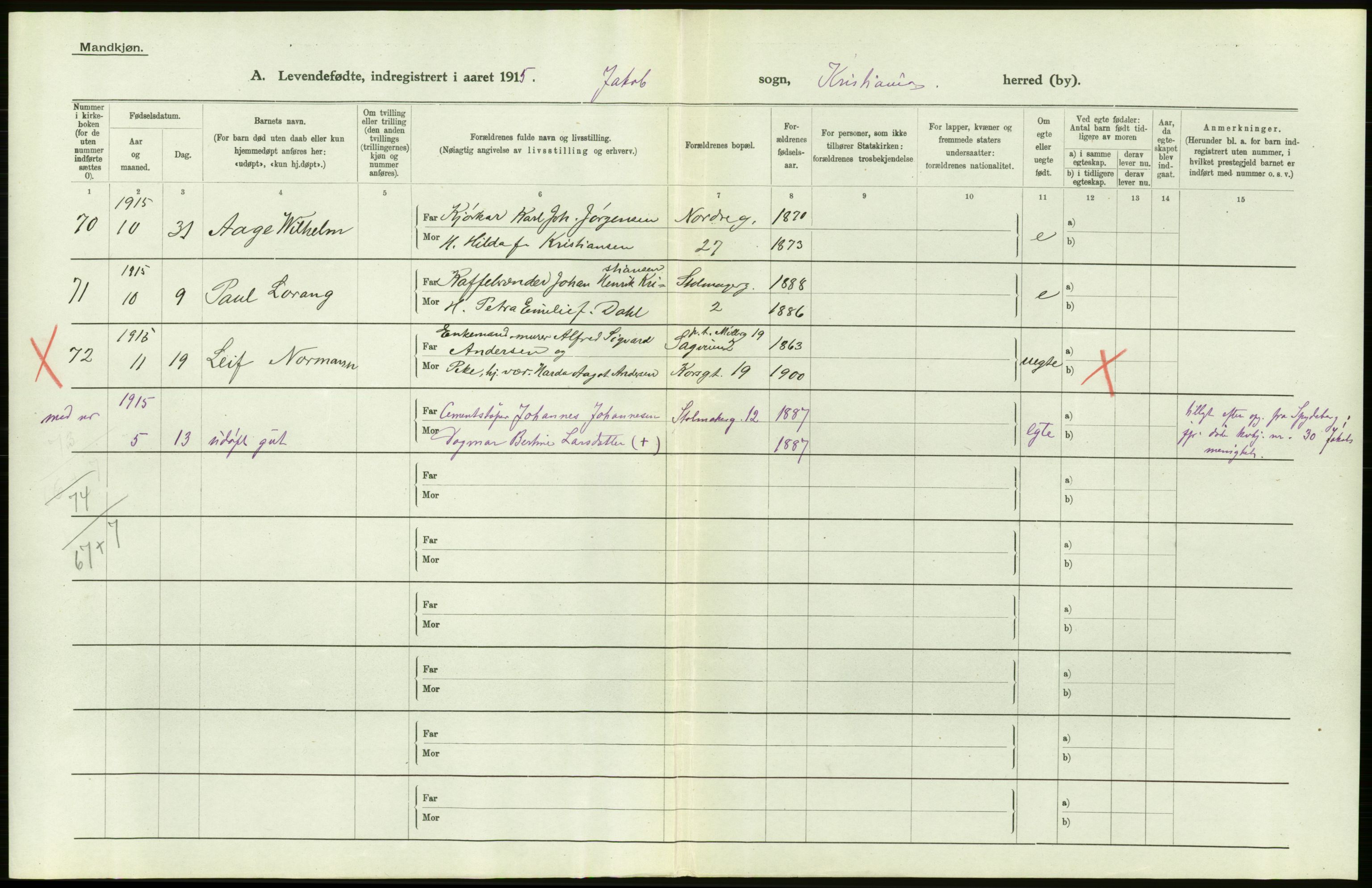 Statistisk sentralbyrå, Sosiodemografiske emner, Befolkning, RA/S-2228/D/Df/Dfb/Dfbe/L0006: Kristiania: Levendefødte menn og kvinner., 1915, p. 610