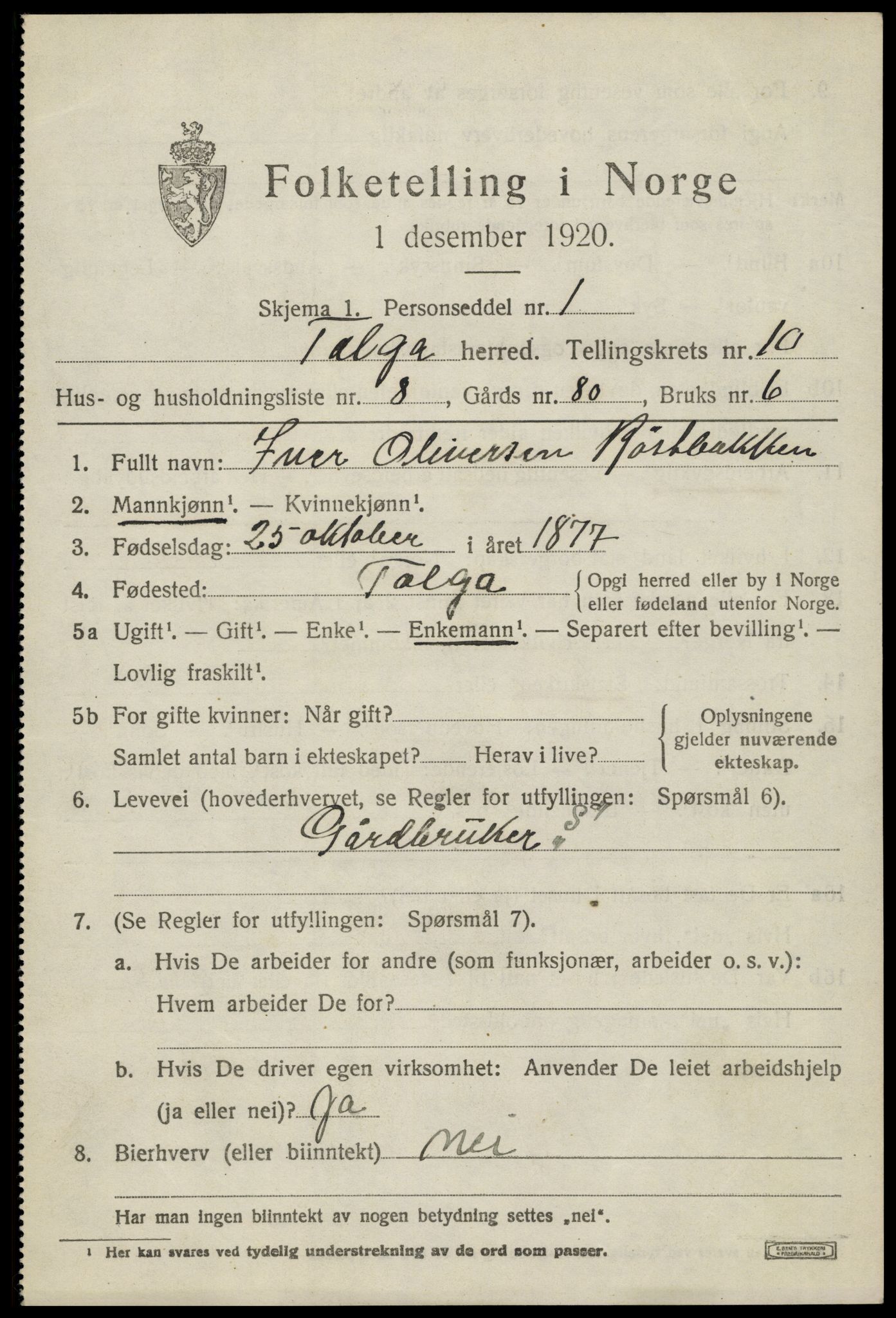 SAH, 1920 census for Tolga, 1920, p. 4971