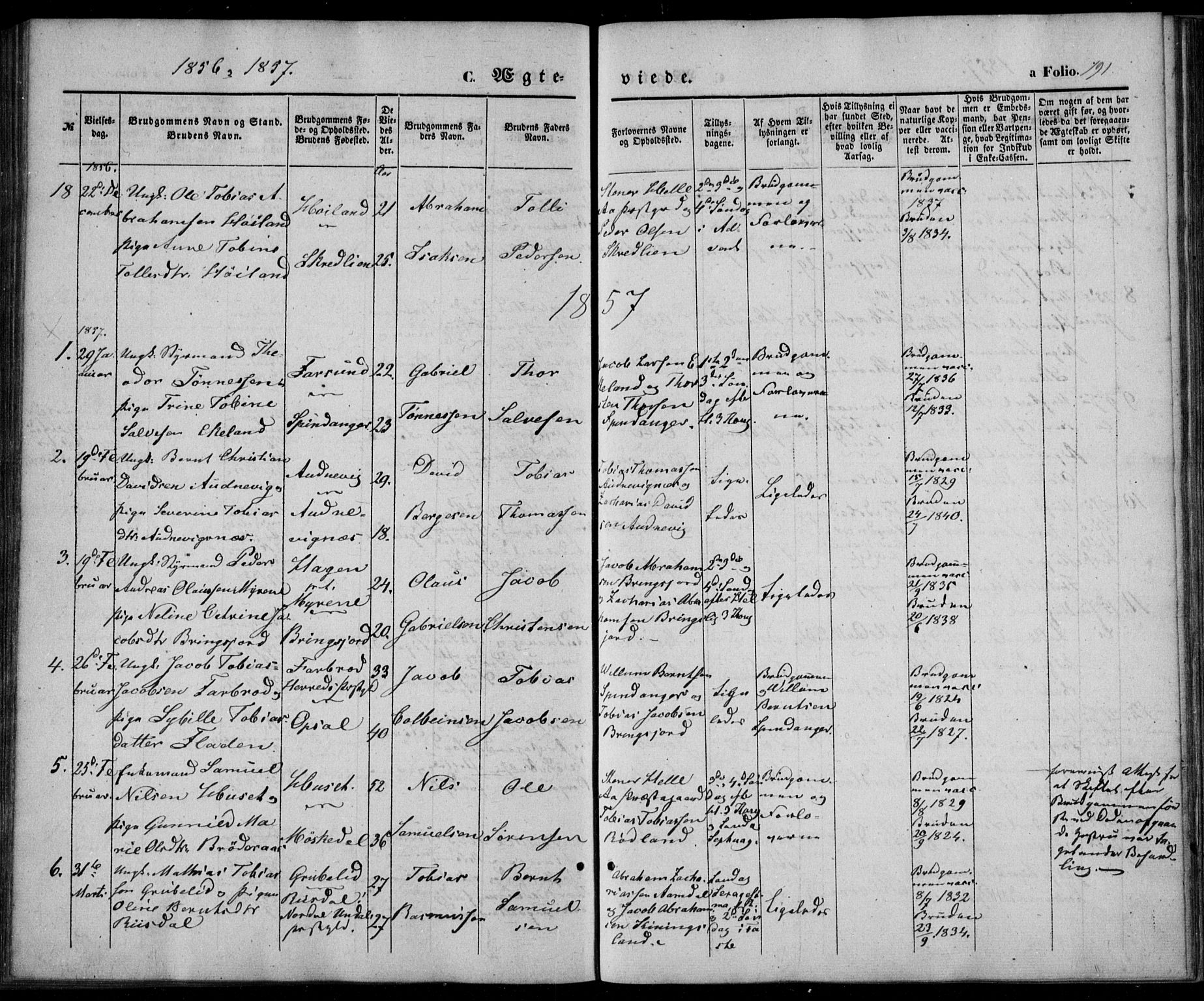 Lyngdal sokneprestkontor, SAK/1111-0029/F/Fa/Fac/L0009: Parish register (official) no. A 9, 1852-1864, p. 191