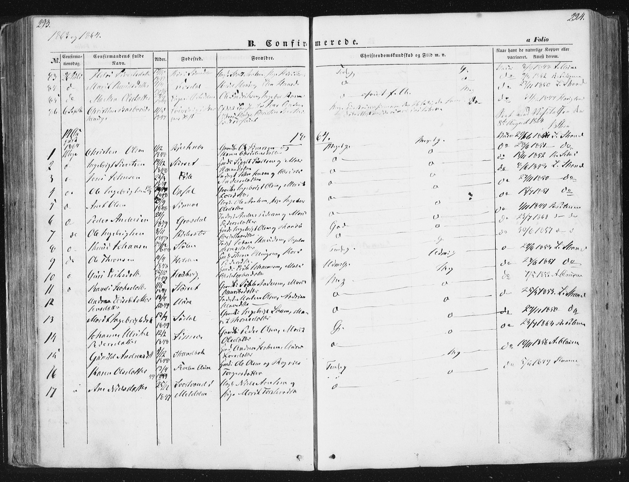 Ministerialprotokoller, klokkerbøker og fødselsregistre - Sør-Trøndelag, SAT/A-1456/630/L0494: Parish register (official) no. 630A07, 1852-1868, p. 293-294