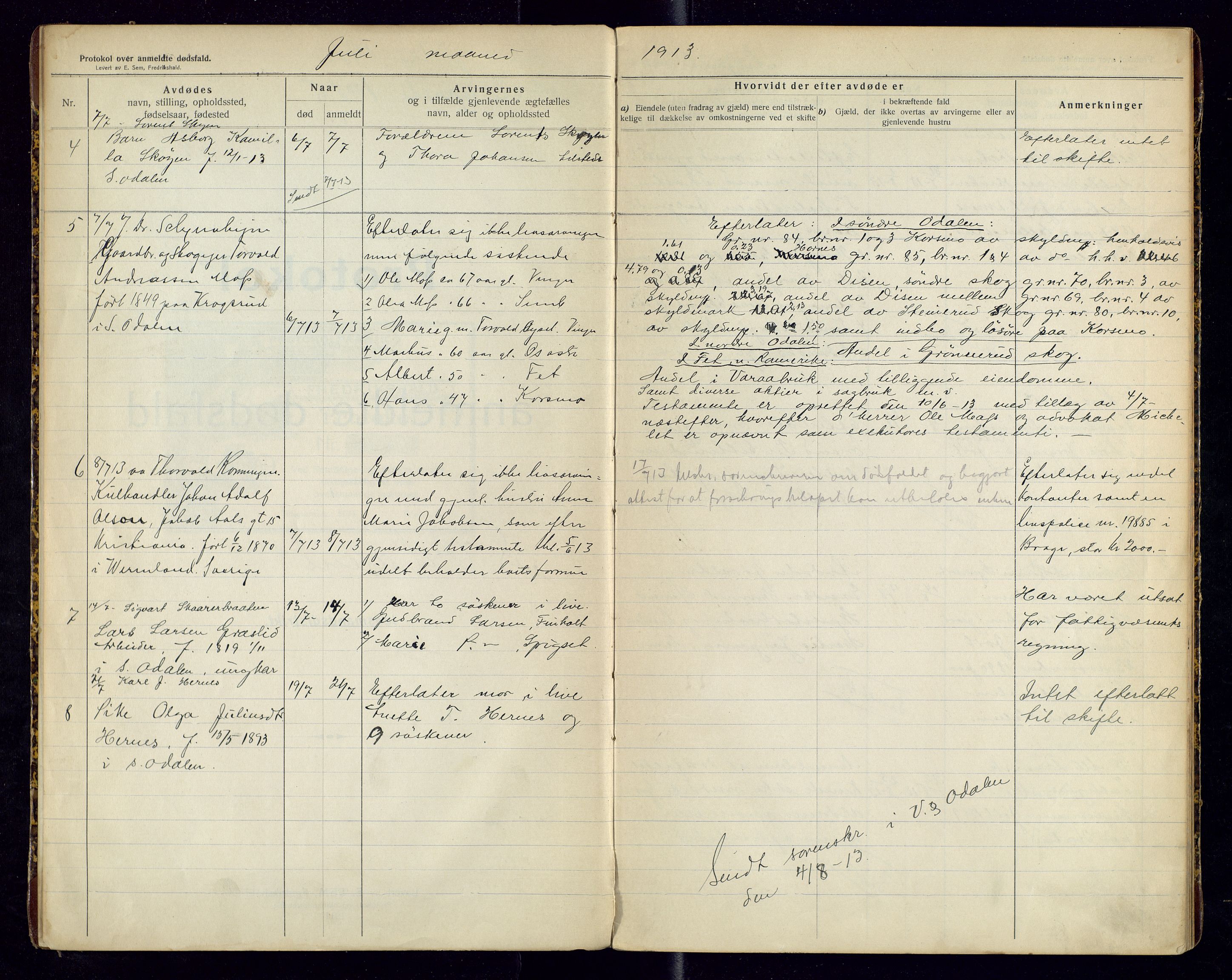 Sør-Odal lensmannskontor, AV/SAH-LHS-022/H/Hb/L0002/0001: Protokoller over anmeldte dødsfall / Protokoll over anmeldte dødsfall, 1913-1915