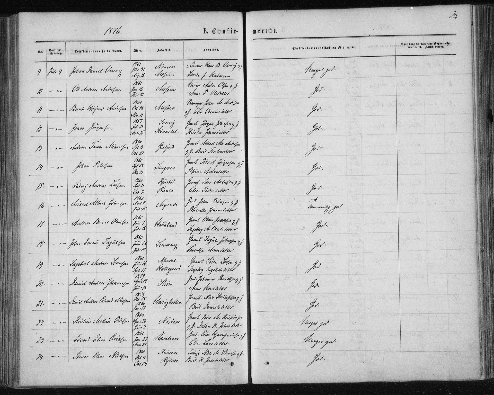 Ministerialprotokoller, klokkerbøker og fødselsregistre - Nordland, SAT/A-1459/820/L0294: Parish register (official) no. 820A15, 1866-1879, p. 238