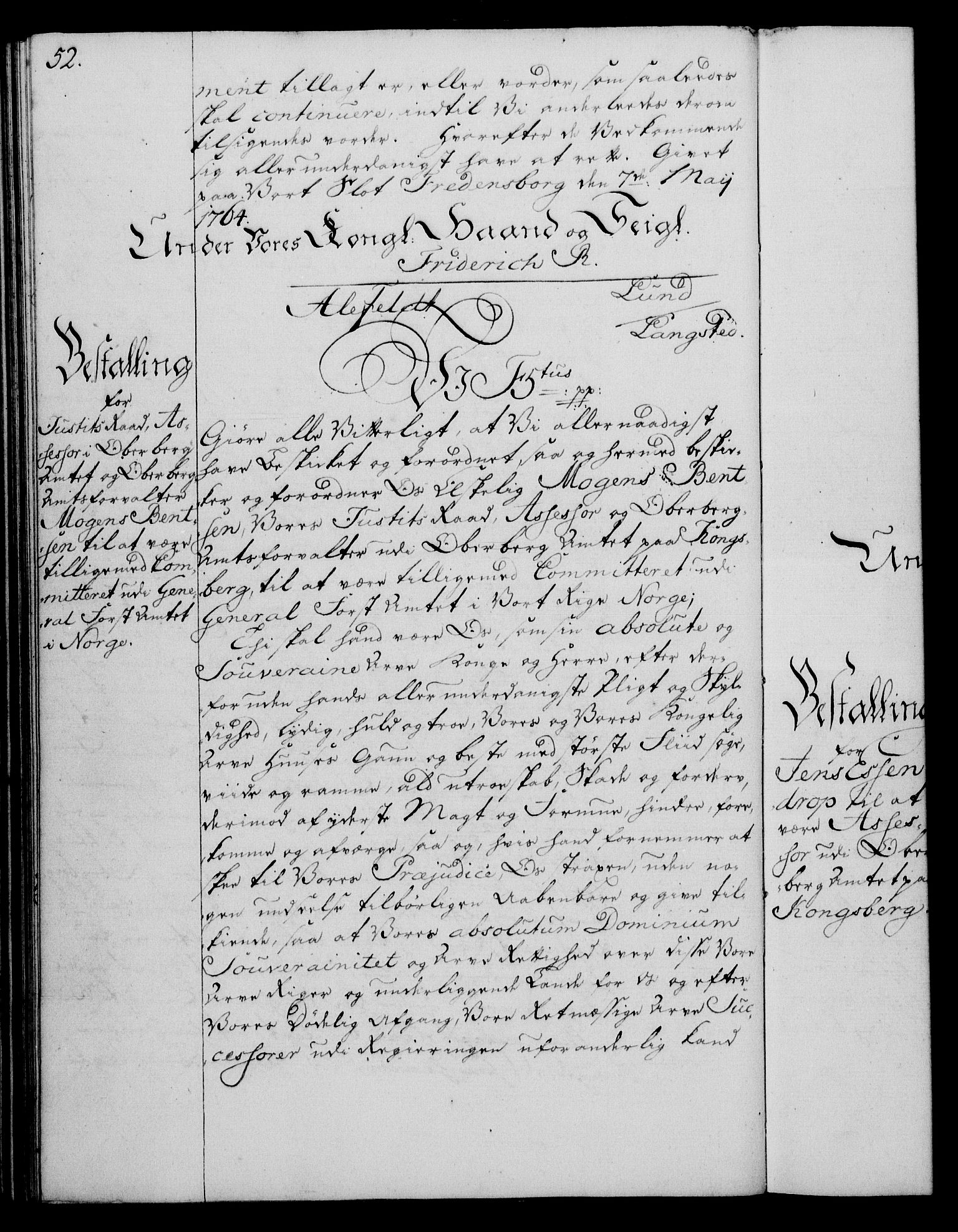Rentekammeret, Kammerkanselliet, RA/EA-3111/G/Gg/Gge/L0004: Norsk bestallingsprotokoll med register (merket RK 53.28), 1762-1771, p. 52