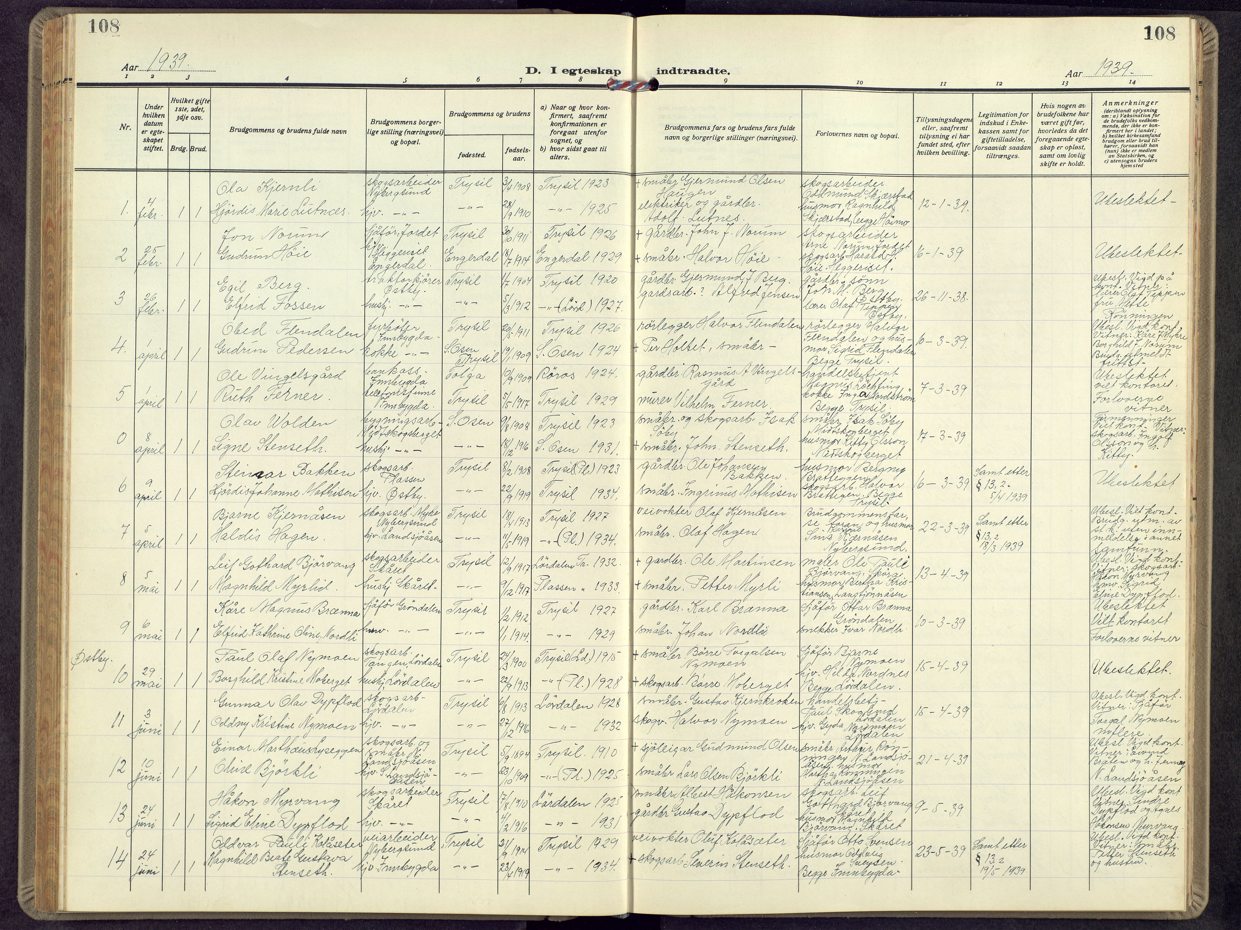 Trysil prestekontor, AV/SAH-PREST-046/H/Ha/Hab/L0012: Parish register (copy) no. 12, 1938-1959, p. 108