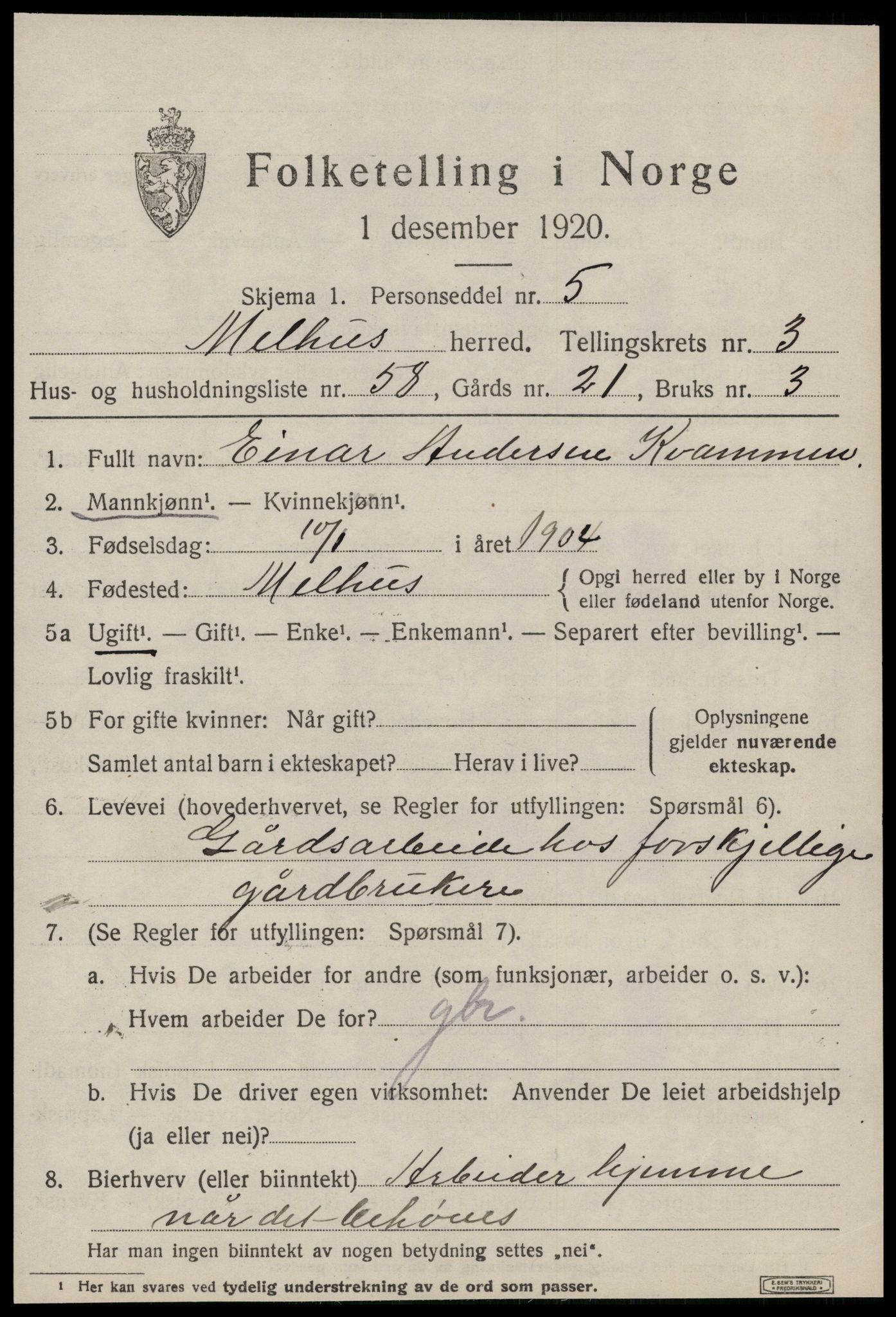 SAT, 1920 census for Melhus, 1920, p. 3361