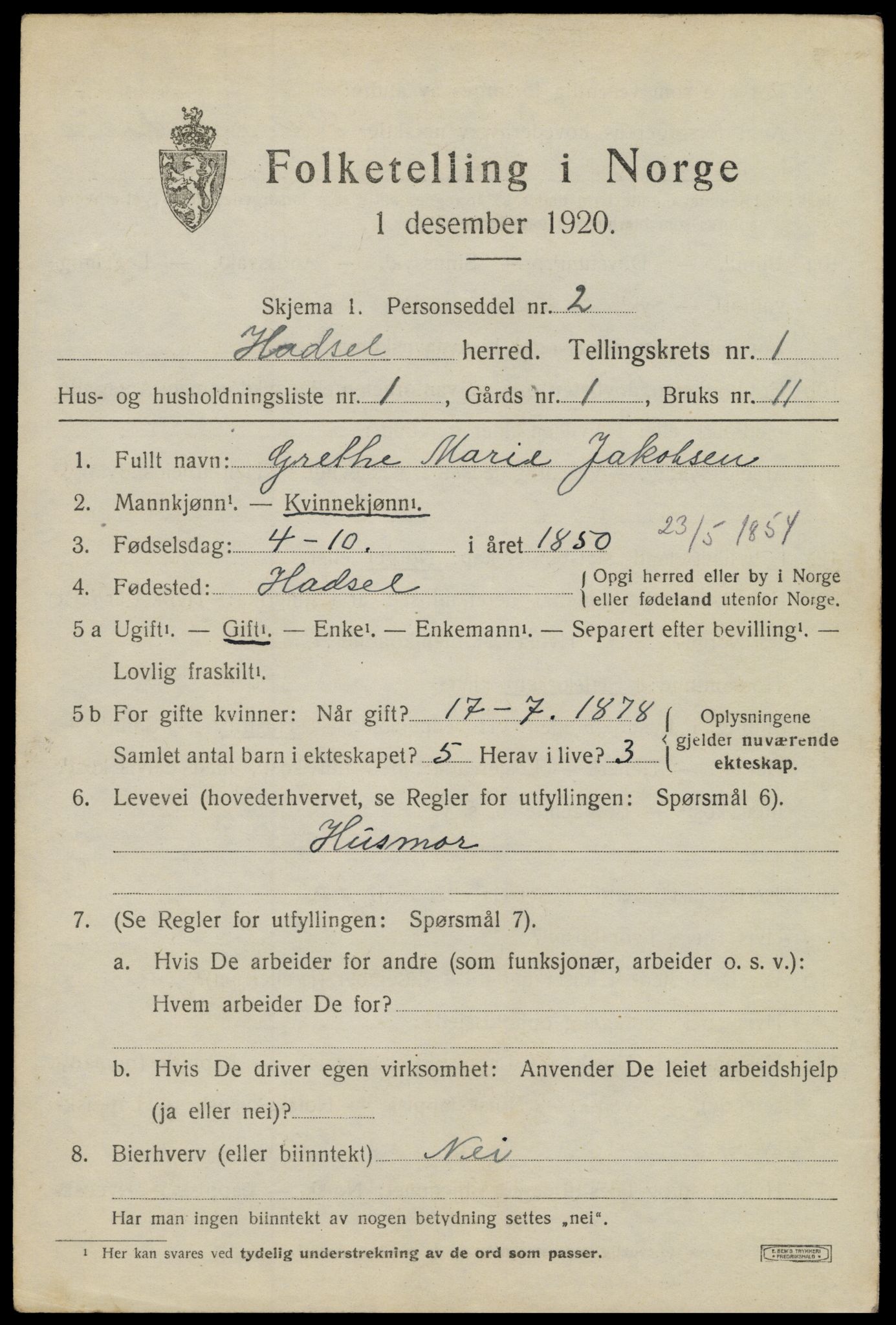 SAT, 1920 census for Hadsel, 1920, p. 3396