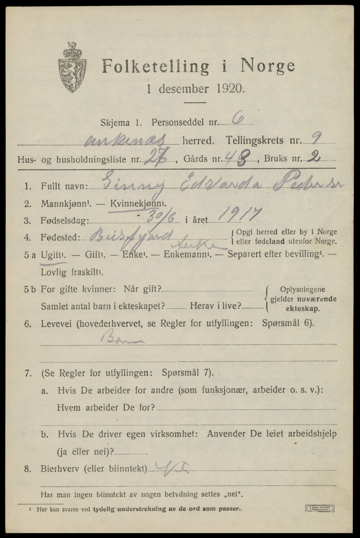 SAT, 1920 census for Ankenes, 1920, p. 4907