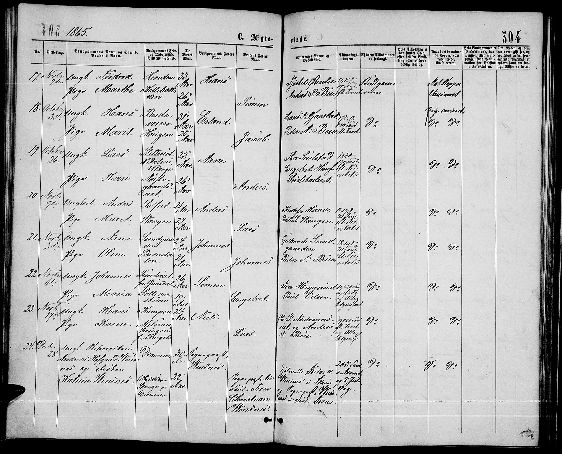 Sør-Fron prestekontor, SAH/PREST-010/H/Ha/Hab/L0002: Parish register (copy) no. 2, 1864-1883, p. 304