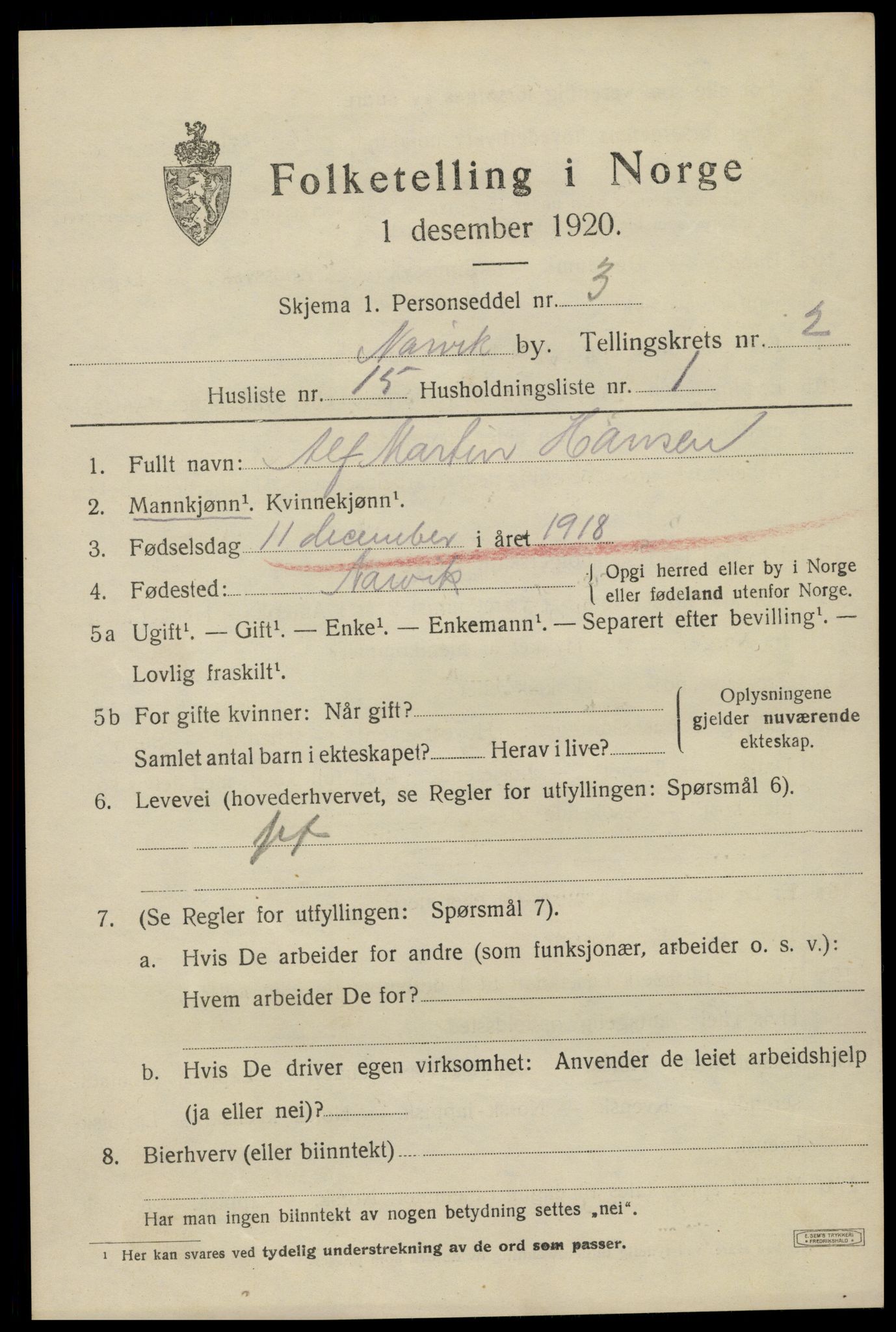 SAT, 1920 census for Narvik, 1920, p. 8226