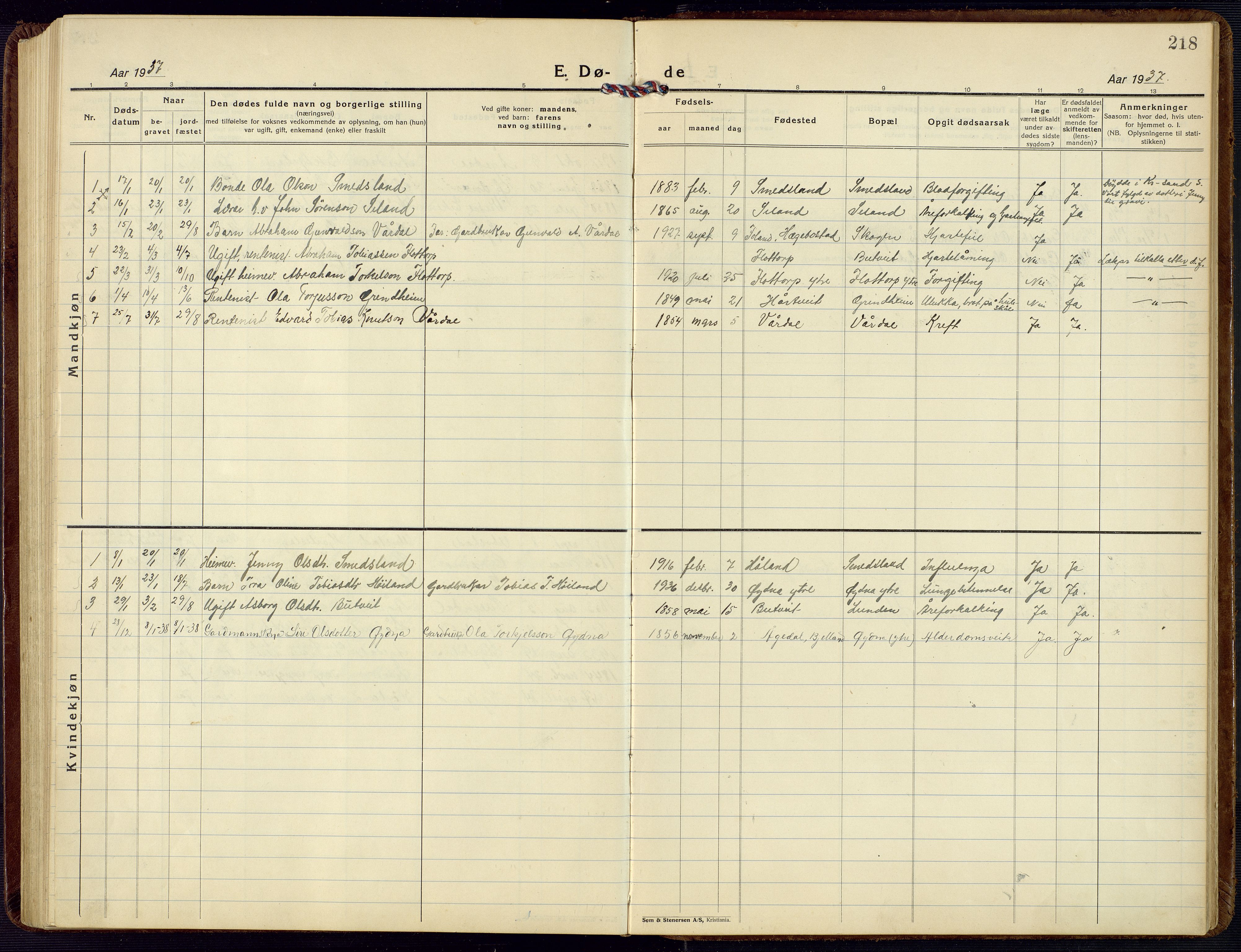 Bjelland sokneprestkontor, SAK/1111-0005/F/Fb/Fbc/L0004: Parish register (copy) no. B 4, 1921-1978, p. 218