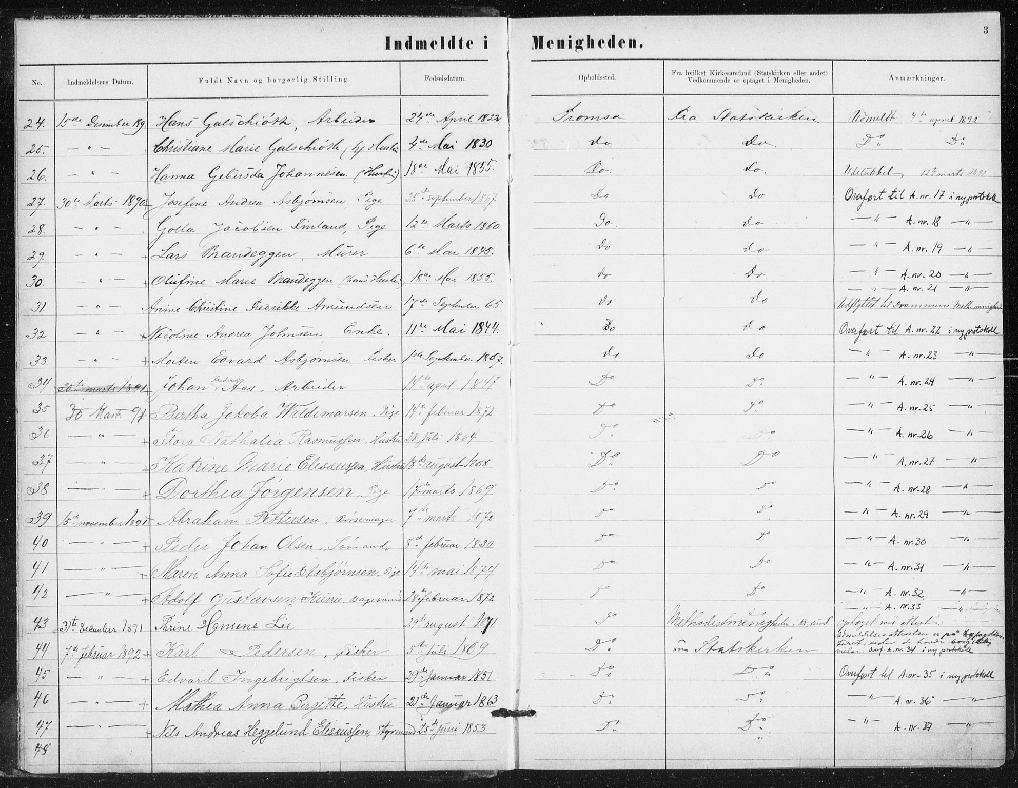 Uten arkivreferanse, SATØ/-: Dissenter register no. DP 7, 1889-1892, p. 3