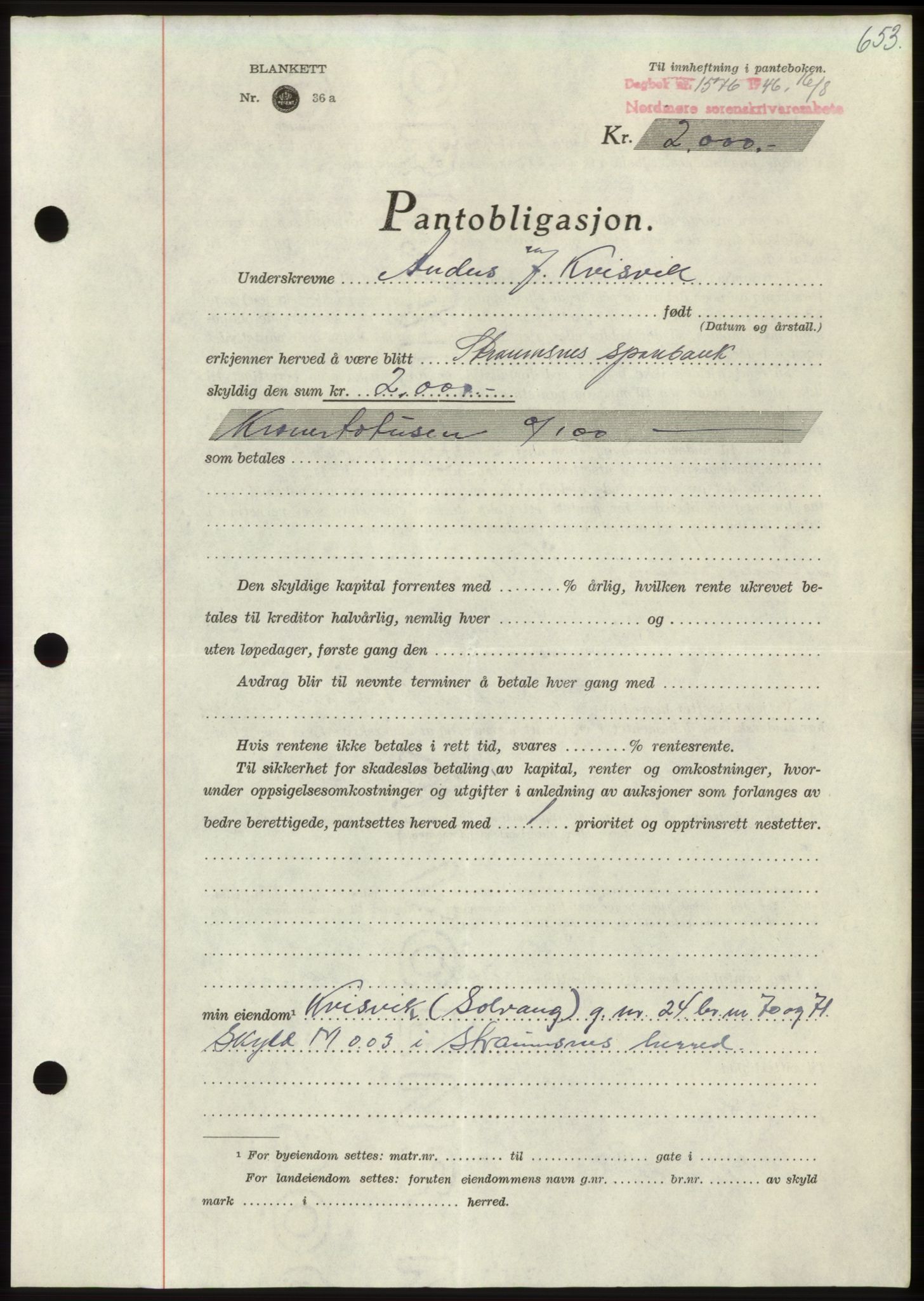 Nordmøre sorenskriveri, AV/SAT-A-4132/1/2/2Ca: Mortgage book no. B94, 1946-1946, Diary no: : 1576/1946