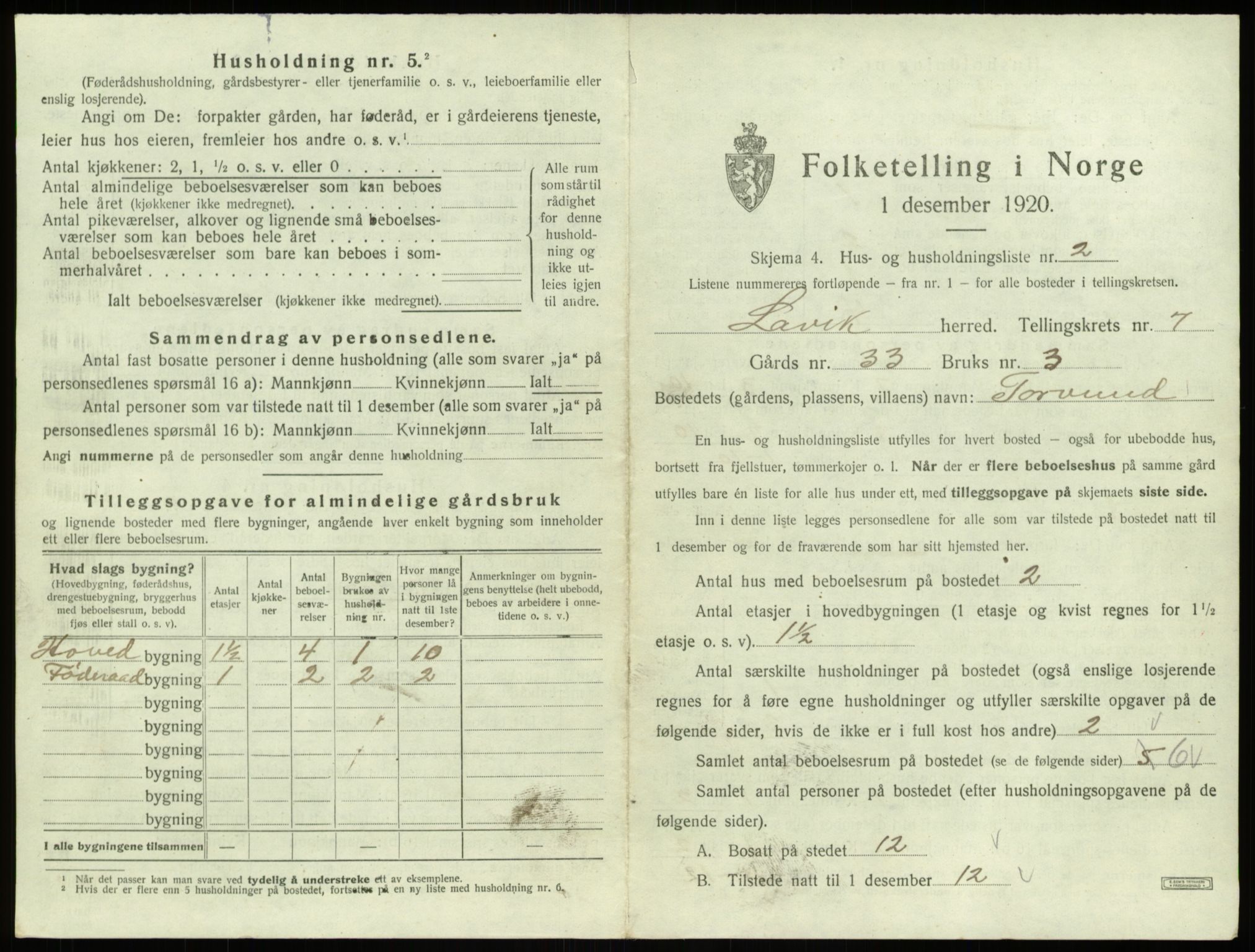 SAB, 1920 census for Lavik, 1920, p. 229