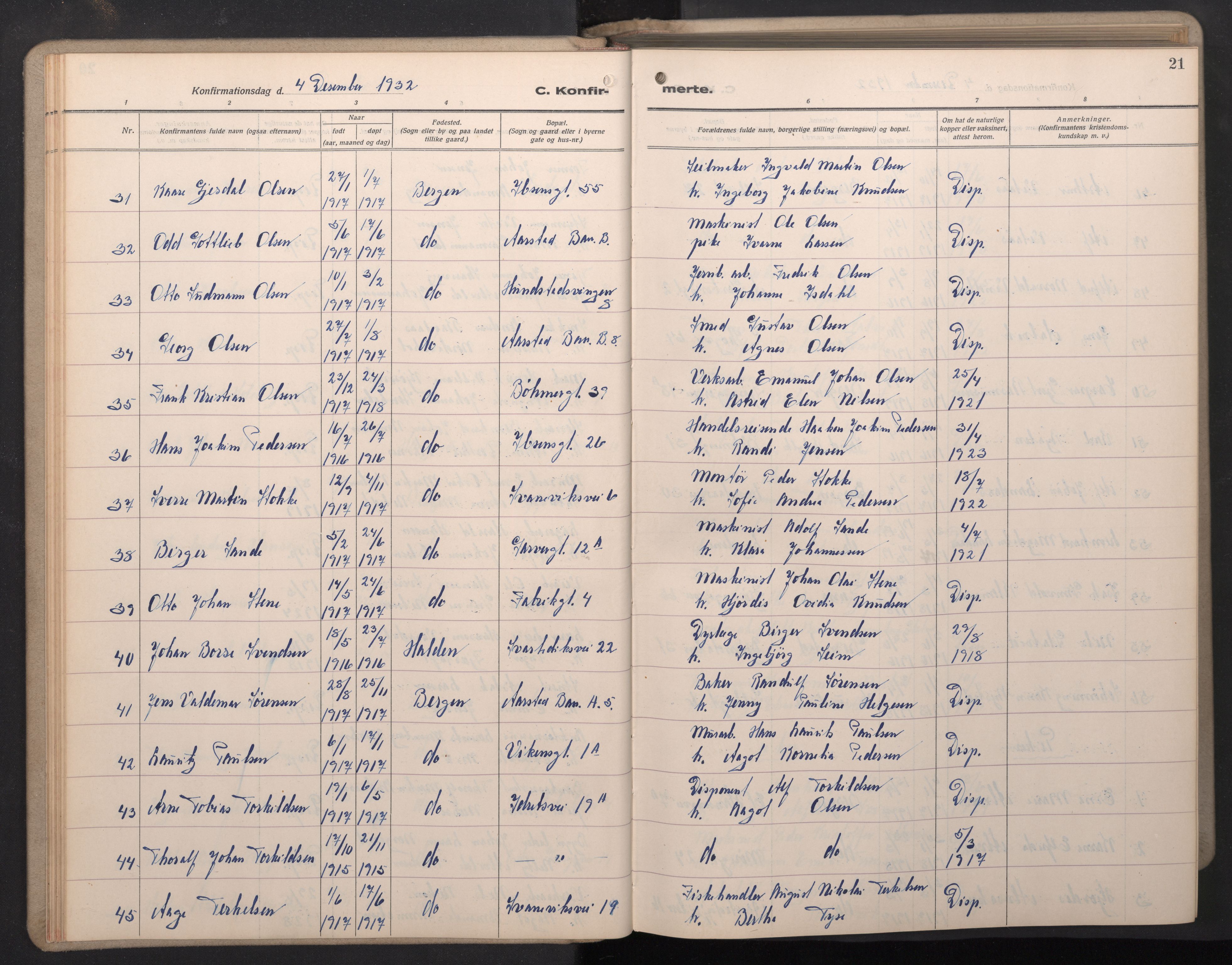 Årstad Sokneprestembete, AV/SAB-A-79301/H/Hab/L0015: Parish register (copy) no. B 5, 1932-1945, p. 20b-21a