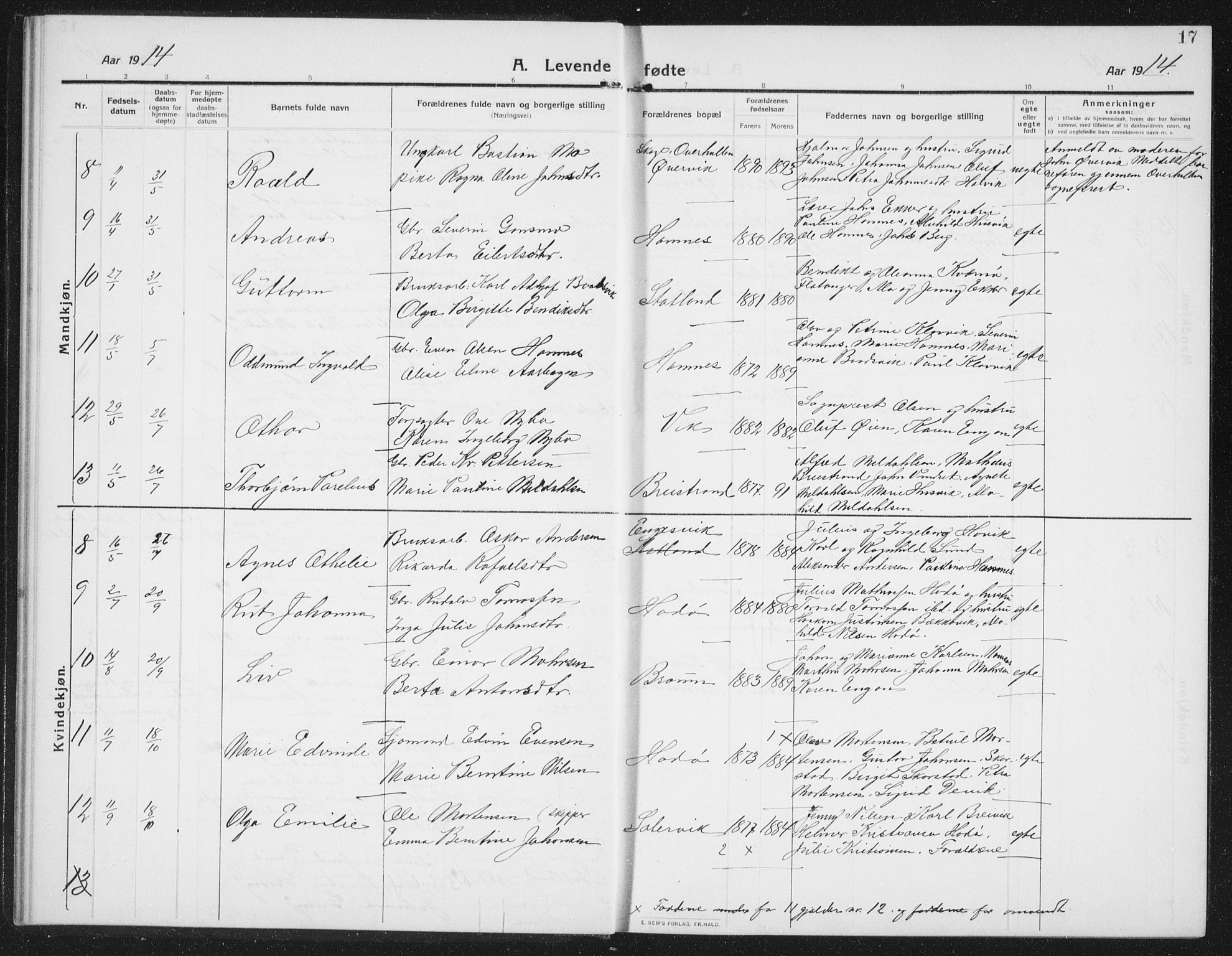 Ministerialprotokoller, klokkerbøker og fødselsregistre - Nord-Trøndelag, SAT/A-1458/774/L0630: Parish register (copy) no. 774C01, 1910-1934, p. 17