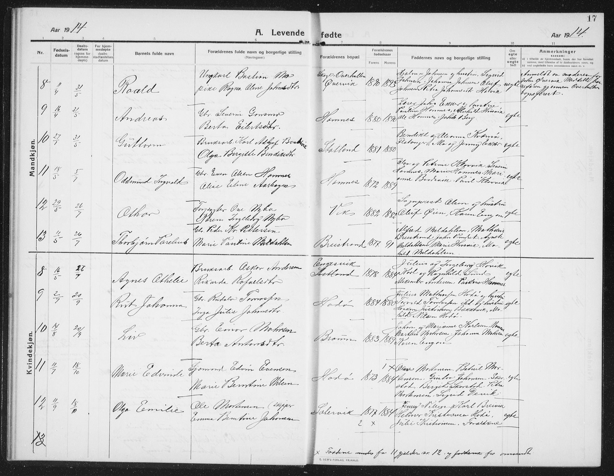 Ministerialprotokoller, klokkerbøker og fødselsregistre - Nord-Trøndelag, AV/SAT-A-1458/774/L0630: Parish register (copy) no. 774C01, 1910-1934, p. 17
