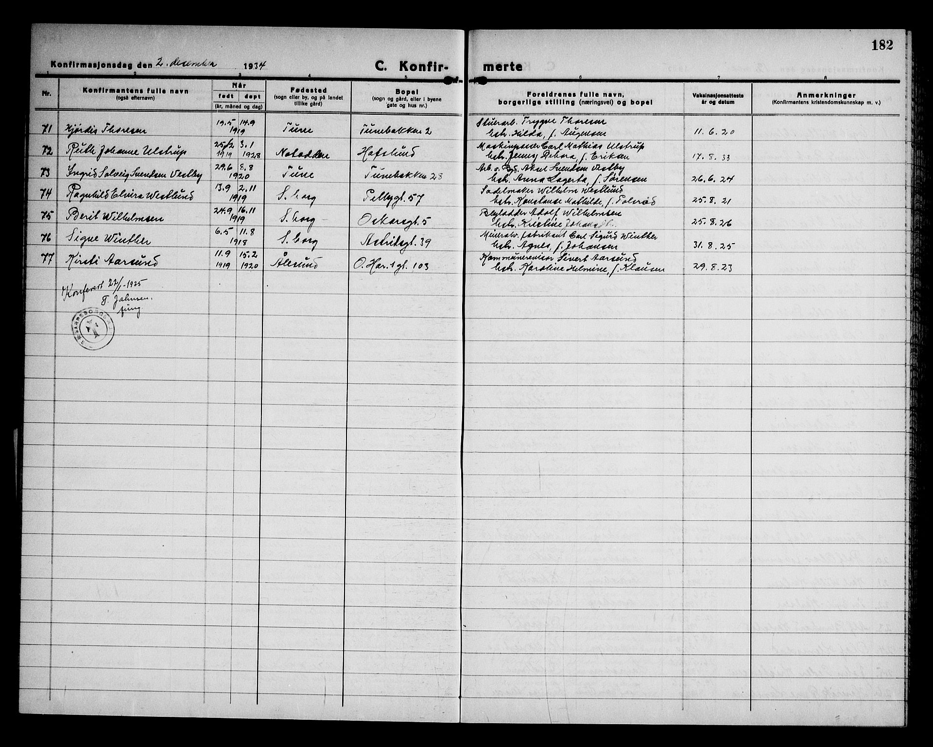 Sarpsborg prestekontor Kirkebøker, AV/SAO-A-2006/G/Ga/L0005: Parish register (copy) no. 5, 1932-1950, p. 182