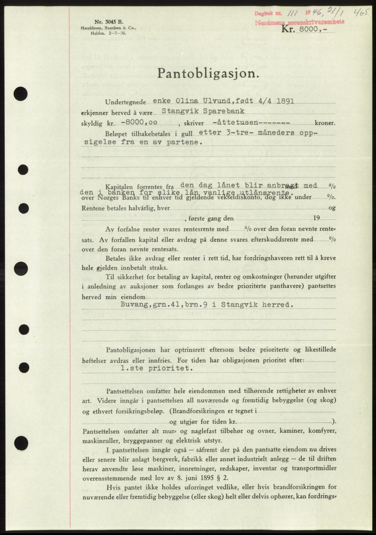 Nordmøre sorenskriveri, AV/SAT-A-4132/1/2/2Ca: Mortgage book no. B93b, 1946-1946, Diary no: : 111/1946