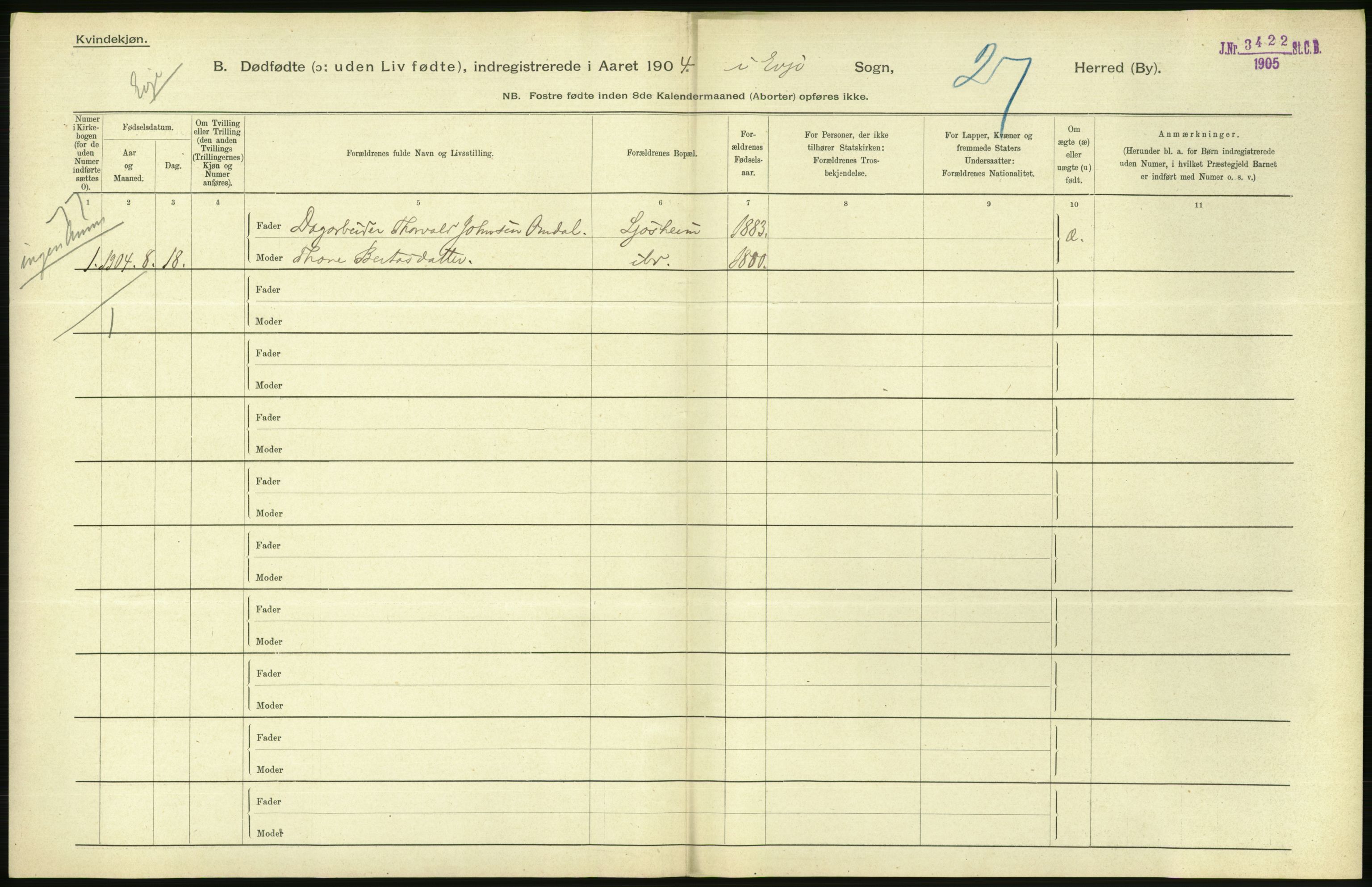 Statistisk sentralbyrå, Sosiodemografiske emner, Befolkning, AV/RA-S-2228/D/Df/Dfa/Dfab/L0025: Smålenenes amt - Stavanger amt: Dødfødte. Bygder., 1904, p. 478