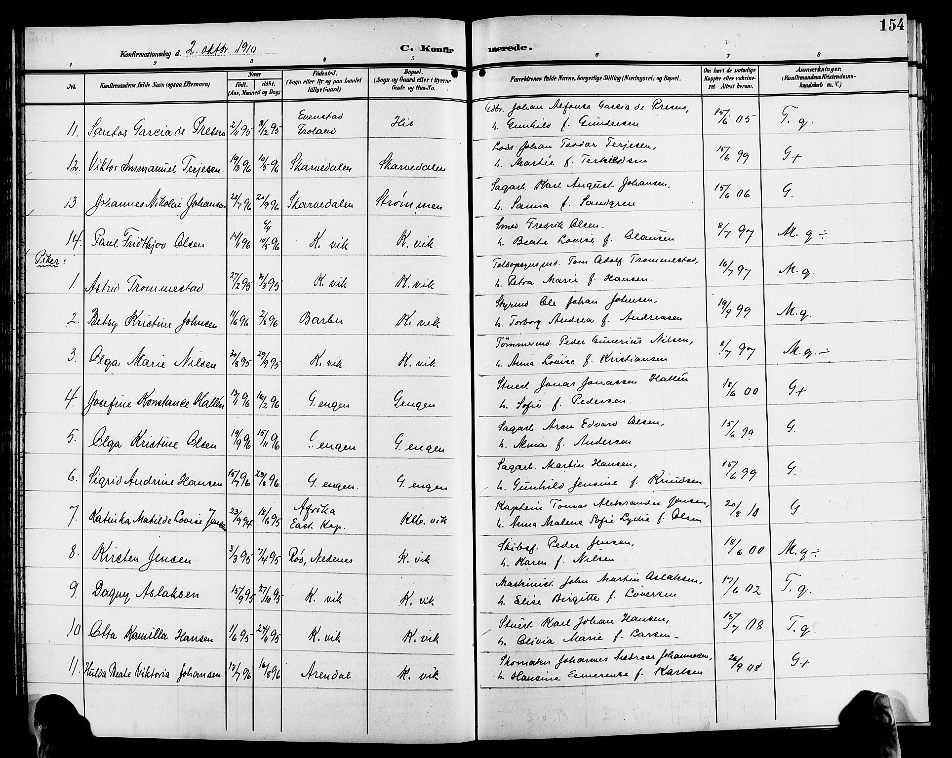 Hisøy sokneprestkontor, AV/SAK-1111-0020/F/Fb/L0004: Parish register (copy) no. B 4, 1905-1923, p. 154