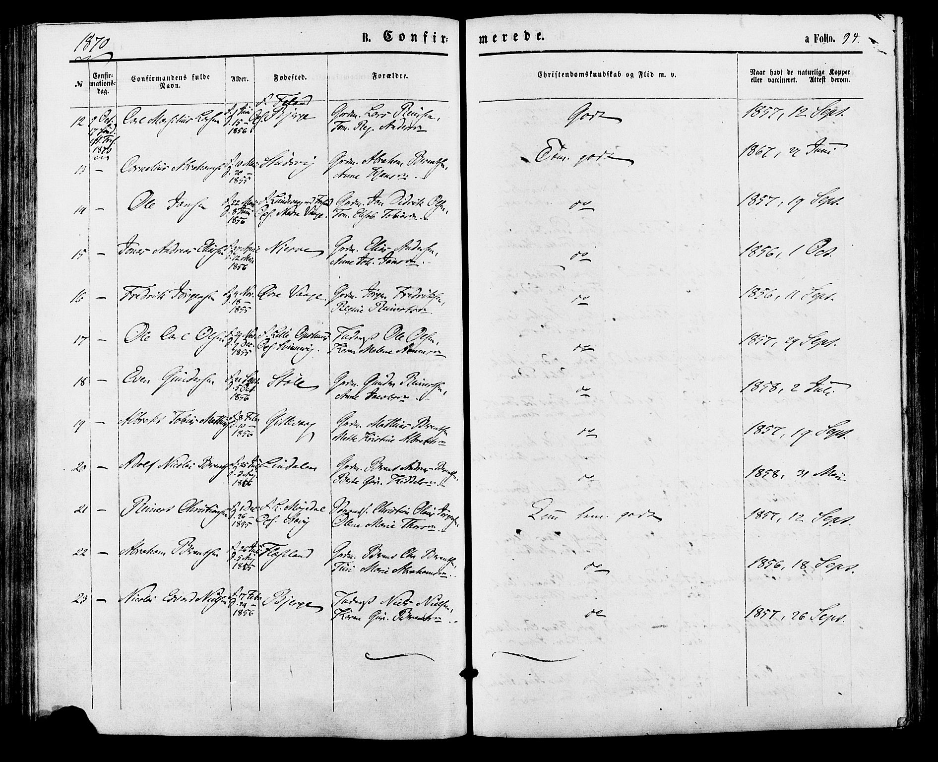 Sør-Audnedal sokneprestkontor, AV/SAK-1111-0039/F/Fa/Faa/L0003: Parish register (official) no. A 3, 1868-1883, p. 94