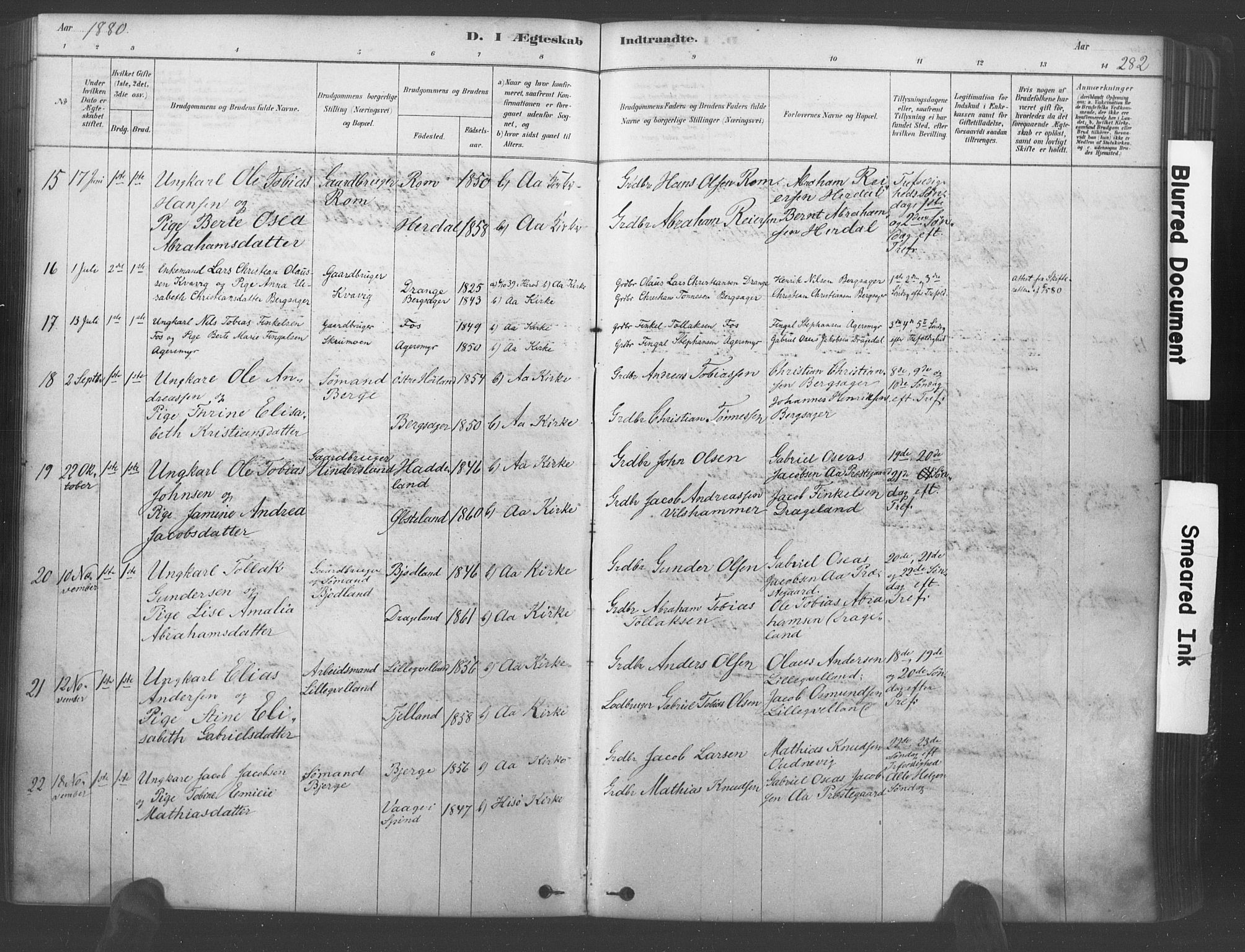 Lyngdal sokneprestkontor, AV/SAK-1111-0029/F/Fa/Fac/L0011: Parish register (official) no. A 11, 1878-1893, p. 282