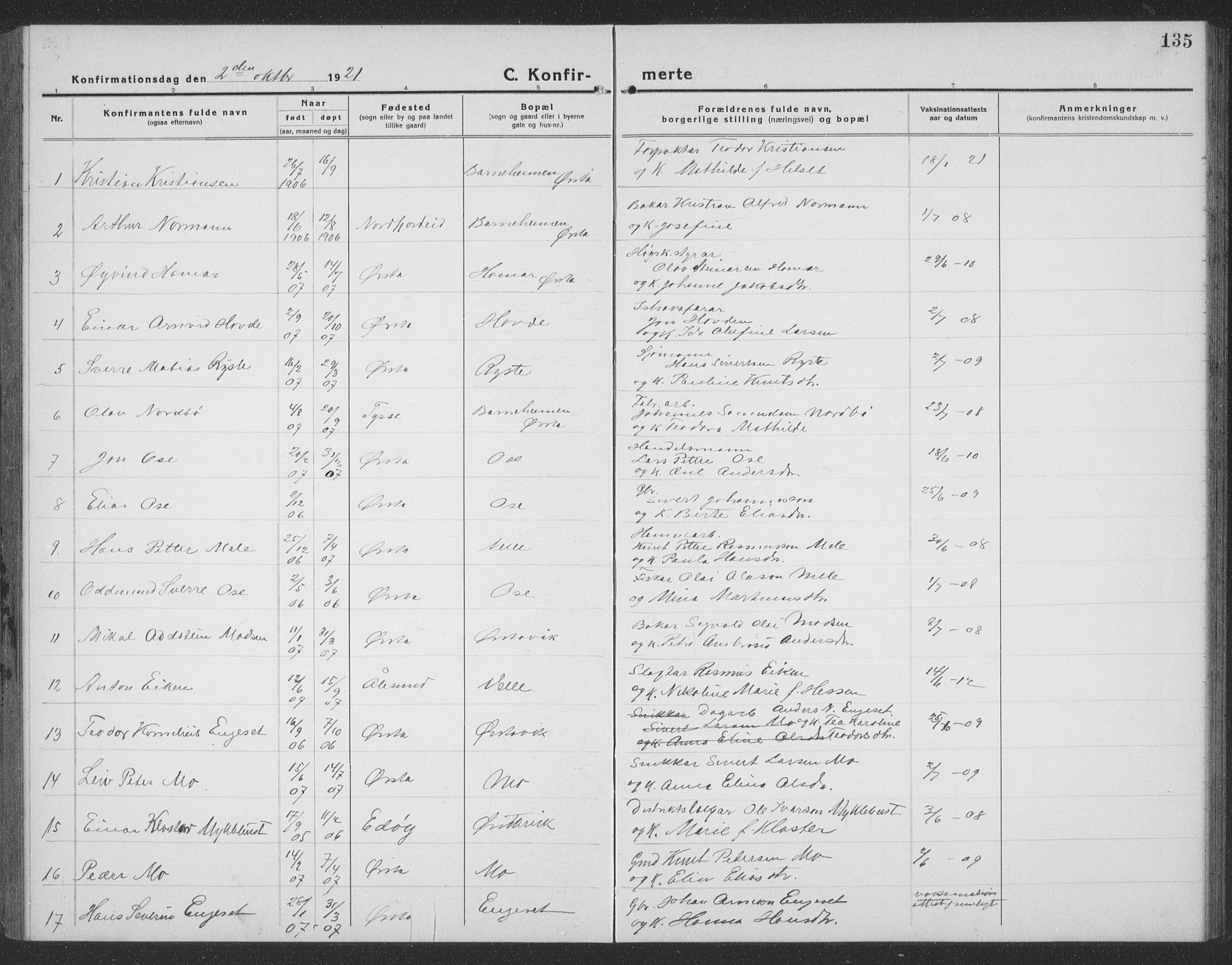 Ministerialprotokoller, klokkerbøker og fødselsregistre - Møre og Romsdal, SAT/A-1454/513/L0191: Parish register (copy) no. 513C05, 1920-1941, p. 135