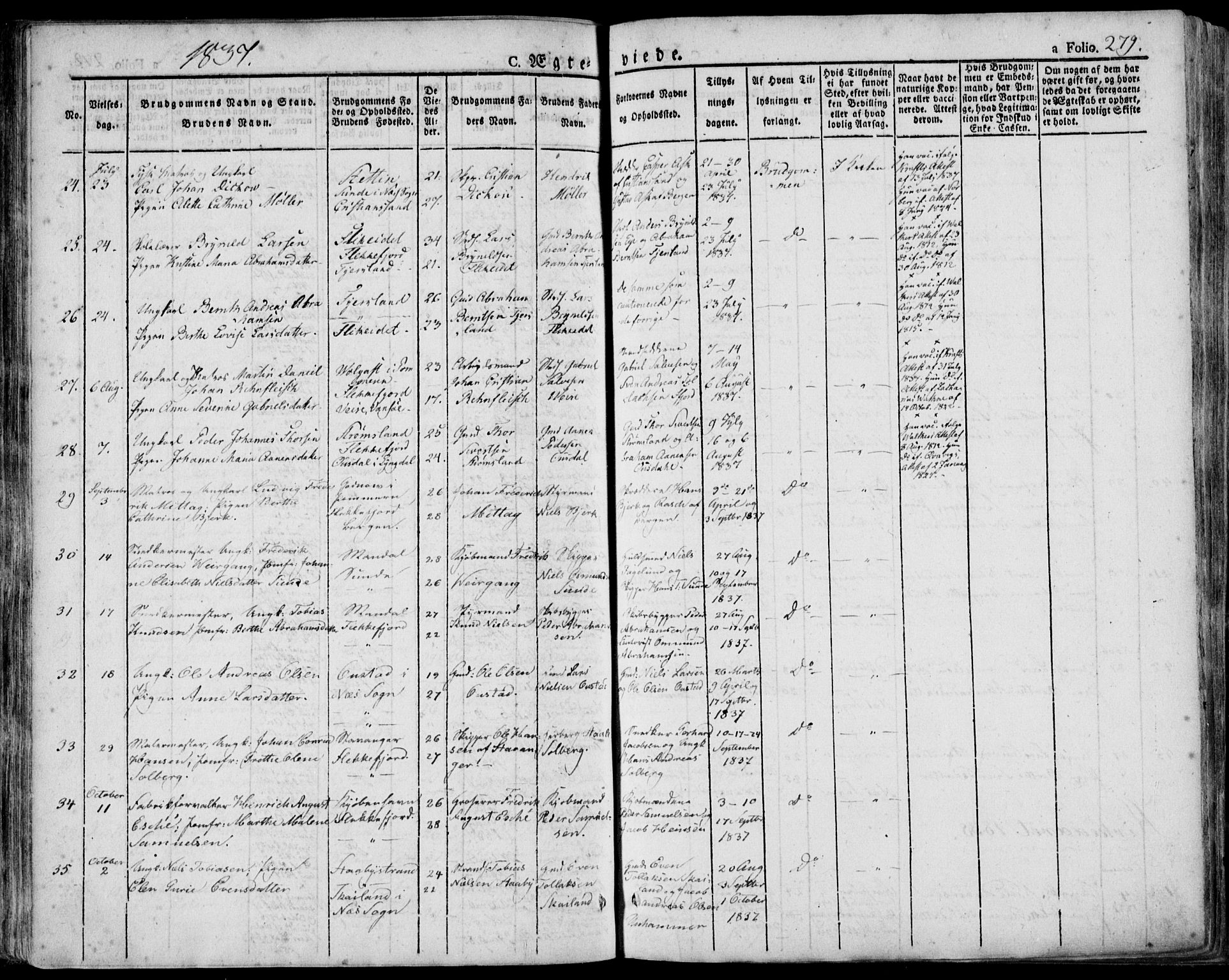 Flekkefjord sokneprestkontor, SAK/1111-0012/F/Fa/Fac/L0003: Parish register (official) no. A 3, 1826-1841, p. 279