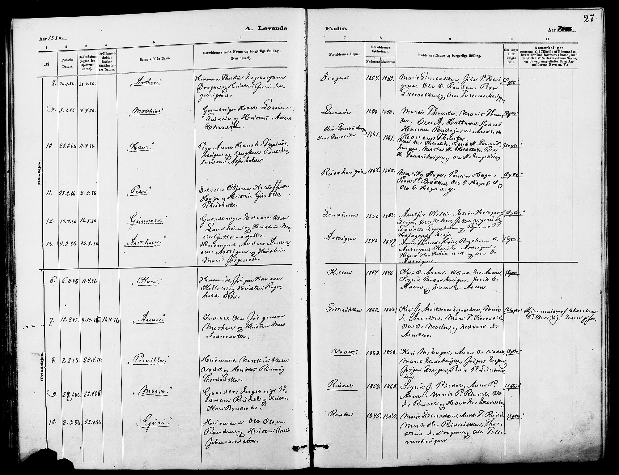 Dovre prestekontor, SAH/PREST-066/H/Ha/Hab/L0002: Parish register (copy) no. 2, 1881-1907, p. 27