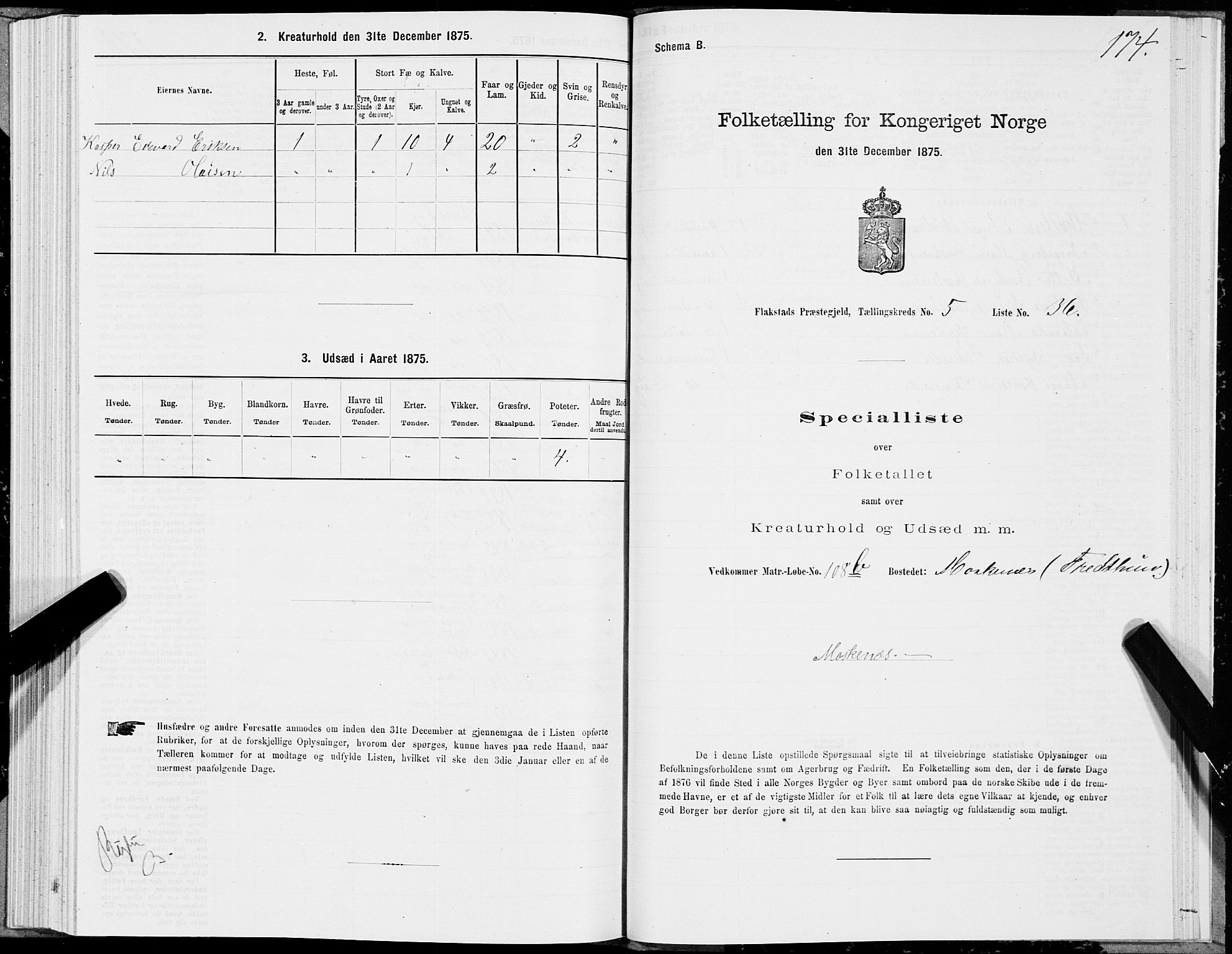 SAT, 1875 census for 1859P Flakstad, 1875, p. 2174