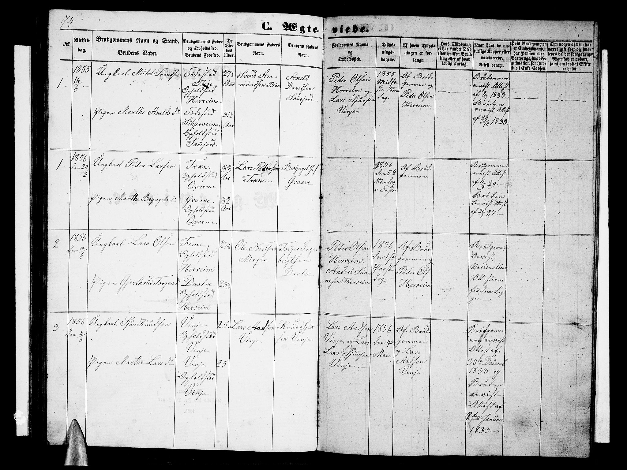Vossestrand Sokneprestembete, SAB/A-79101/H/Hab: Parish register (copy) no. B 1, 1855-1867, p. 74