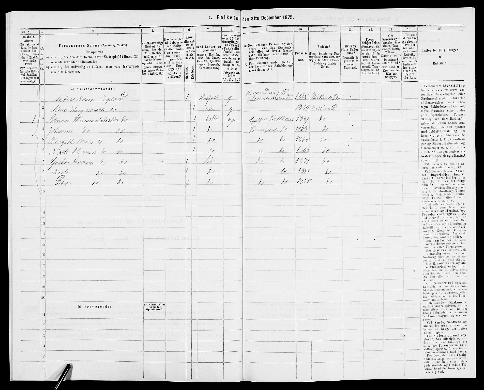 SAK, 1875 census for 0926L Vestre Moland/Vestre Moland, 1875, p. 569