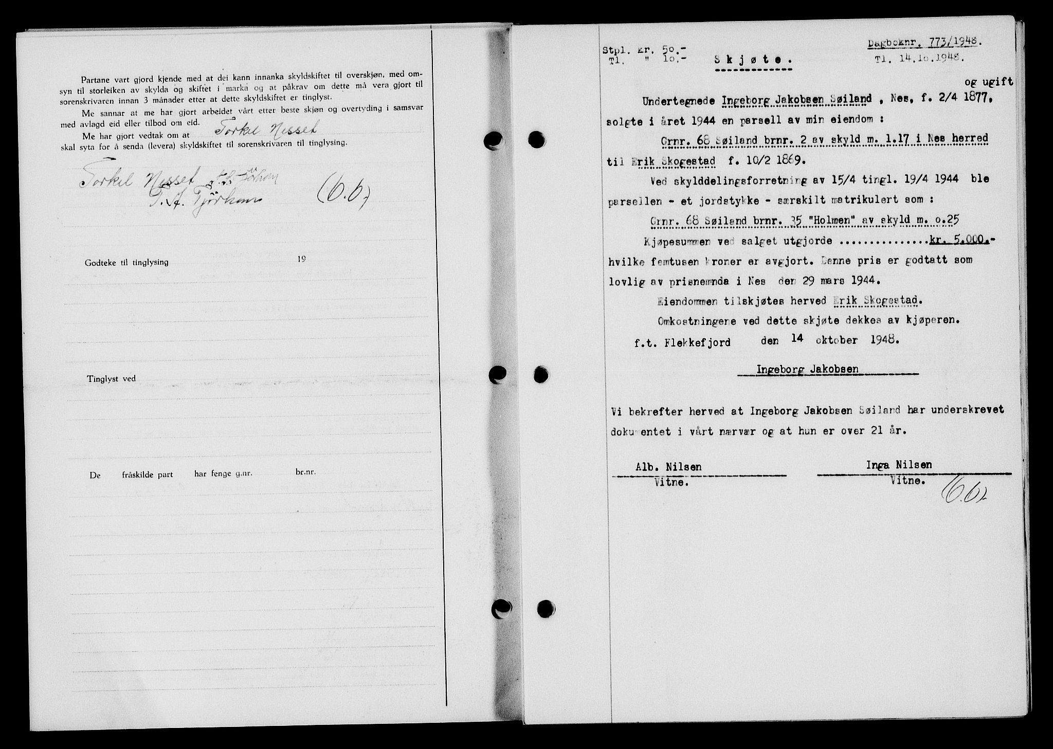 Flekkefjord sorenskriveri, AV/SAK-1221-0001/G/Gb/Gba/L0064: Mortgage book no. A-12, 1948-1949, Diary no: : 773/1948