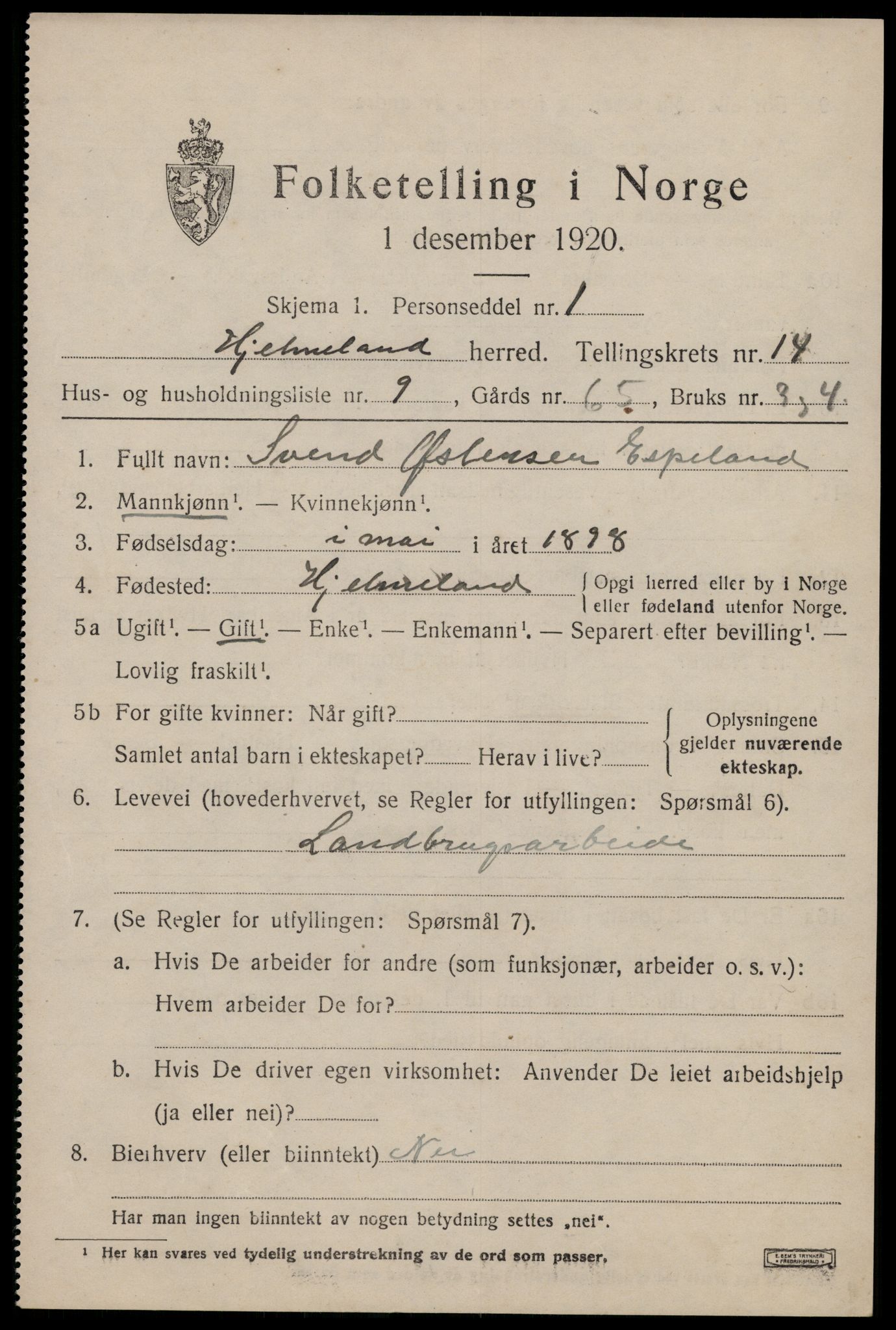 SAST, 1920 census for Hjelmeland, 1920, p. 4527