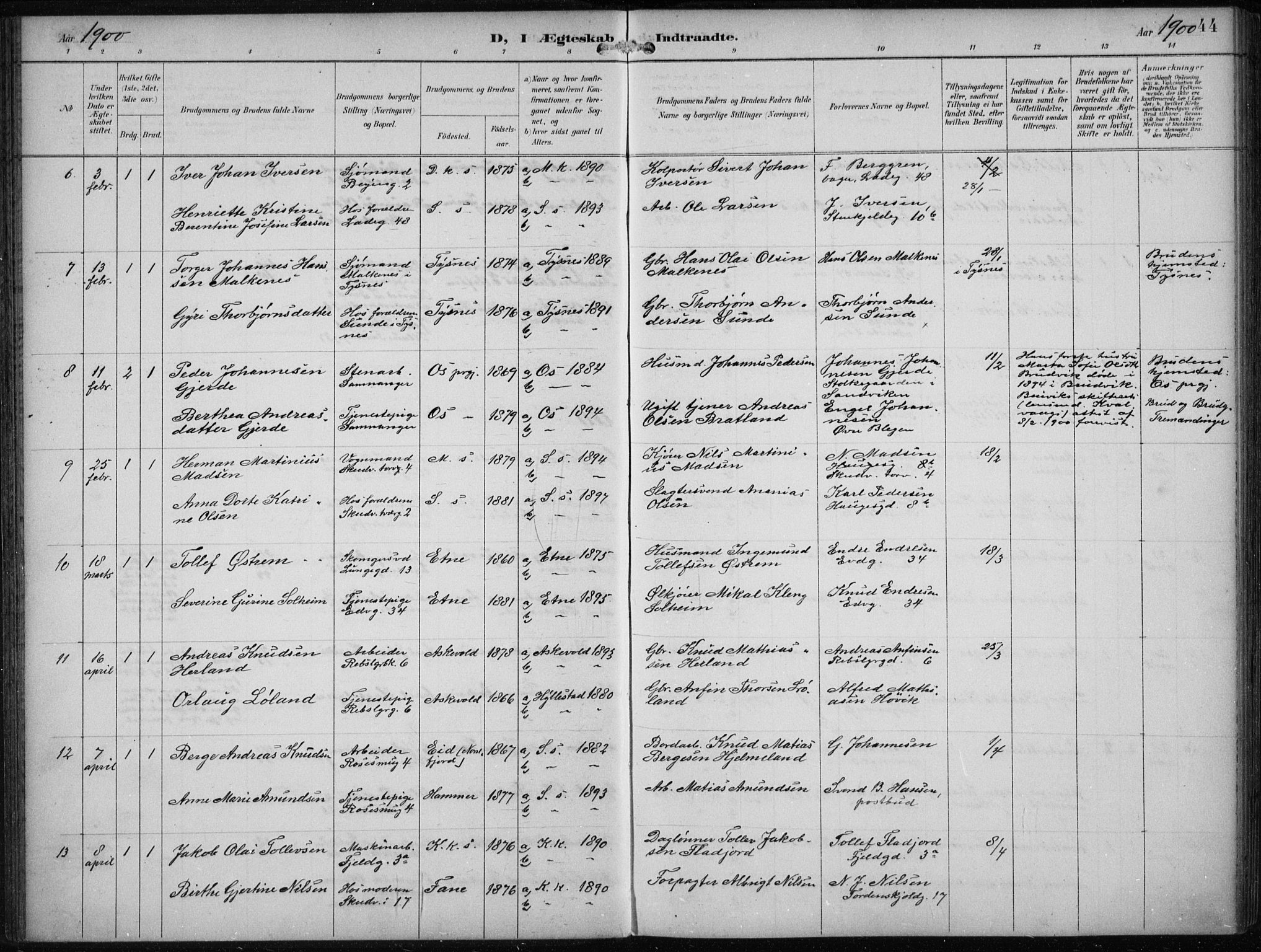 Sandviken Sokneprestembete, SAB/A-77601/H/Ha/L0014: Parish register (official) no. D 1, 1896-1911, p. 44