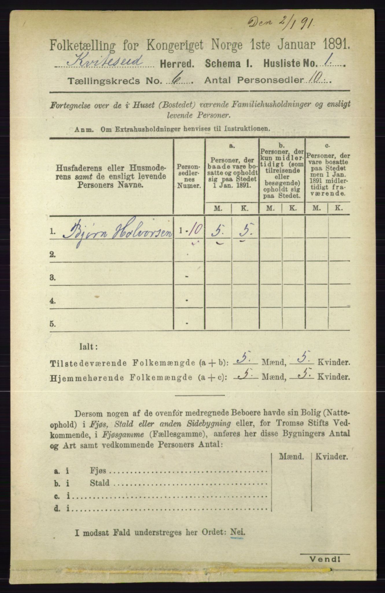 RA, 1891 census for 0829 Kviteseid, 1891, p. 1139
