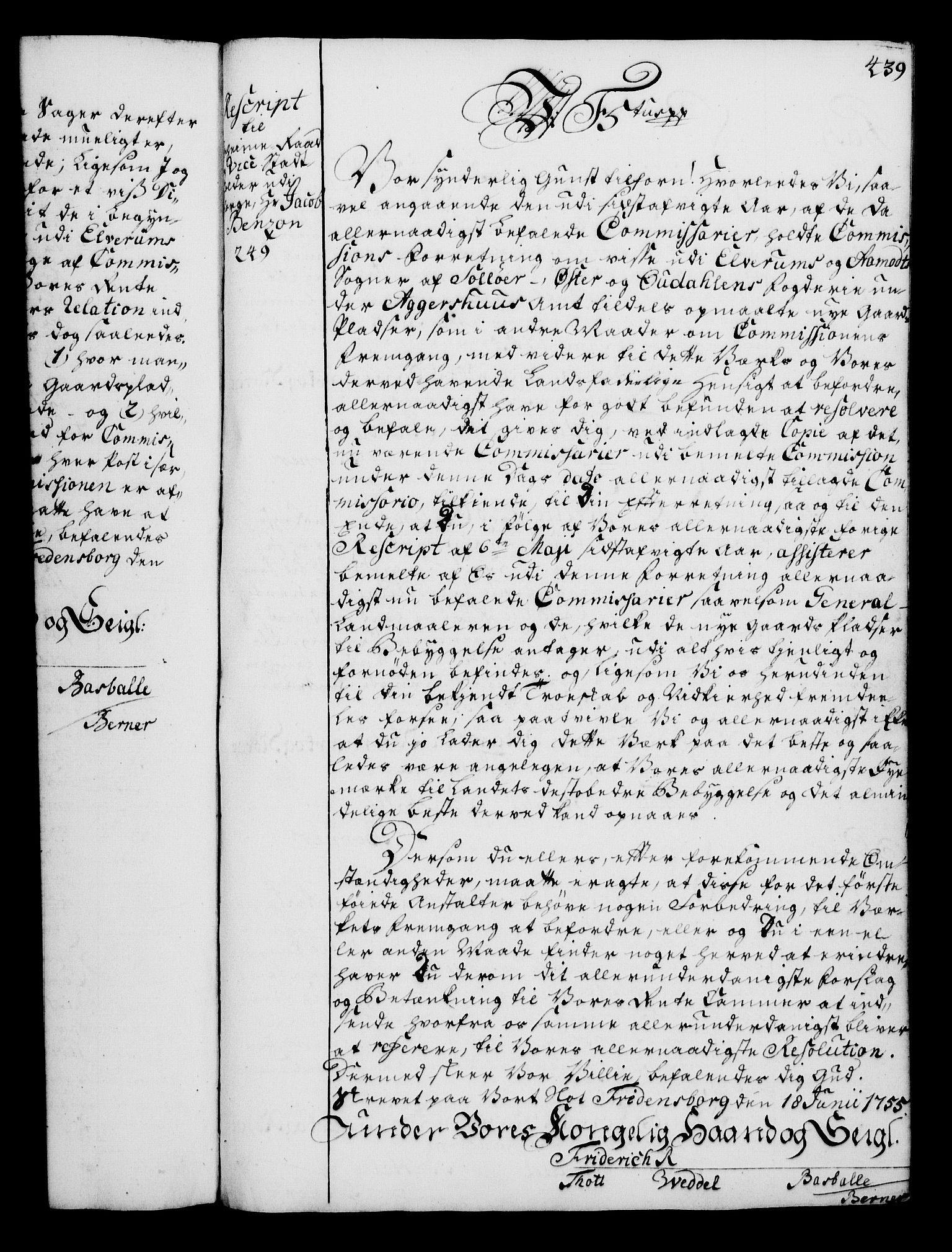 Rentekammeret, Kammerkanselliet, RA/EA-3111/G/Gg/Gga/L0006: Norsk ekspedisjonsprotokoll med register (merket RK 53.6), 1749-1759, p. 439
