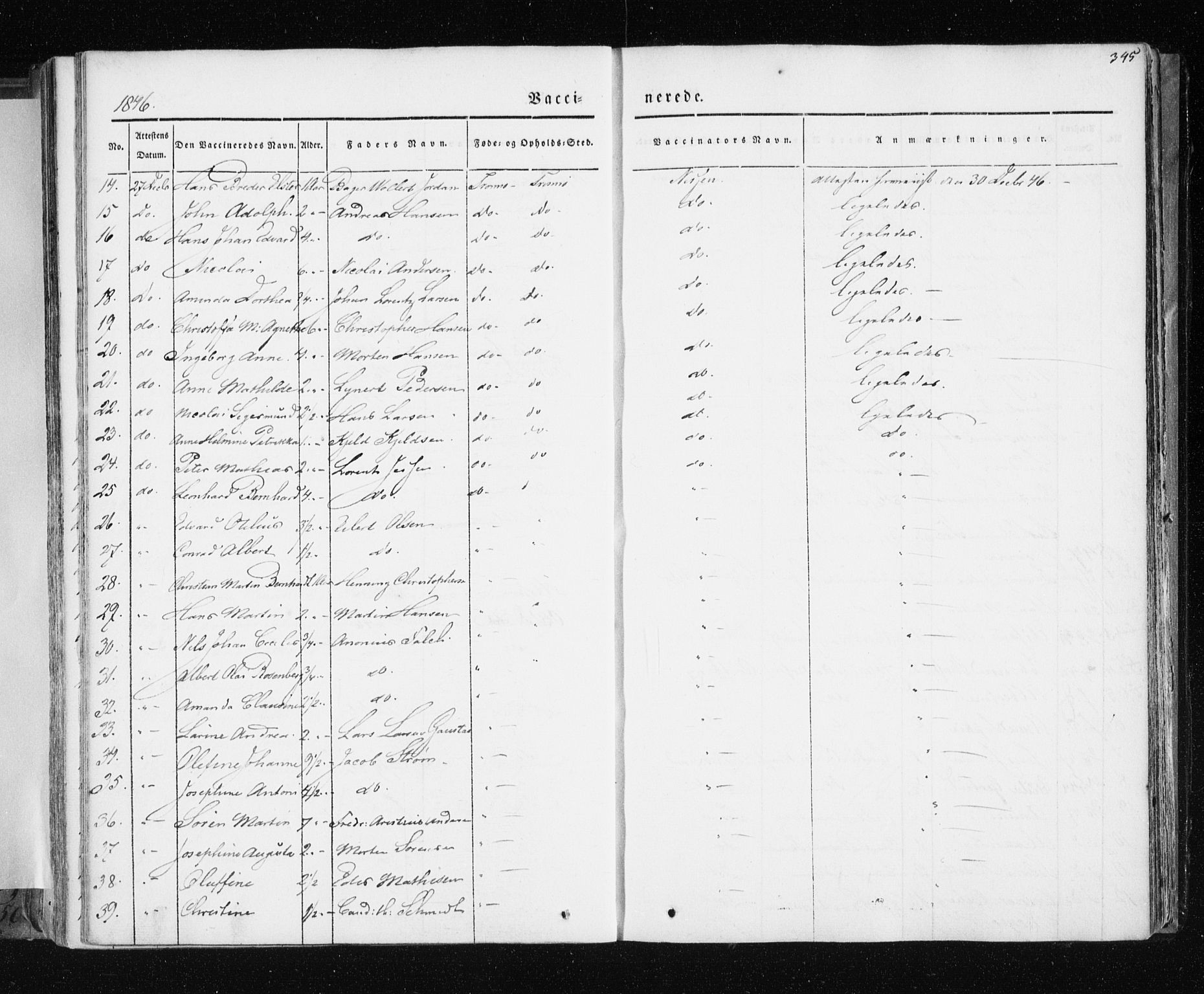 Tromsø sokneprestkontor/stiftsprosti/domprosti, AV/SATØ-S-1343/G/Ga/L0009kirke: Parish register (official) no. 9, 1837-1847, p. 345