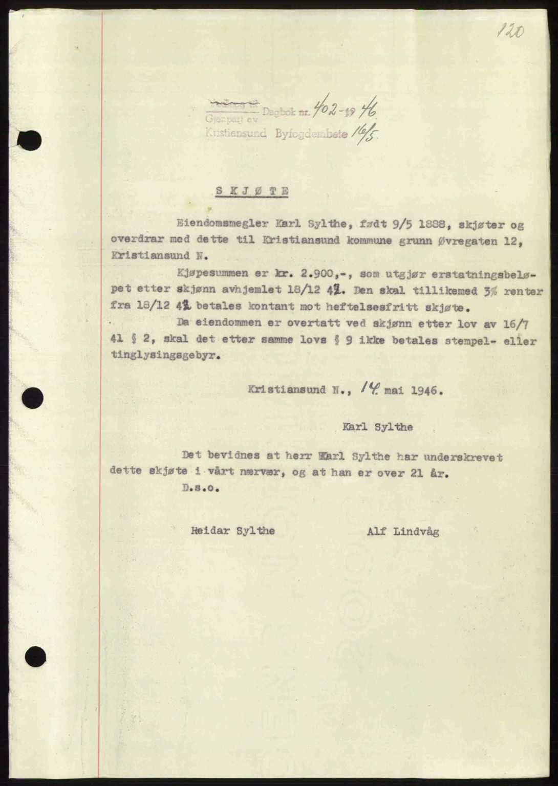 Kristiansund byfogd, AV/SAT-A-4587/A/27: Mortgage book no. 39b, 1946-1947, Diary no: : 402/1946
