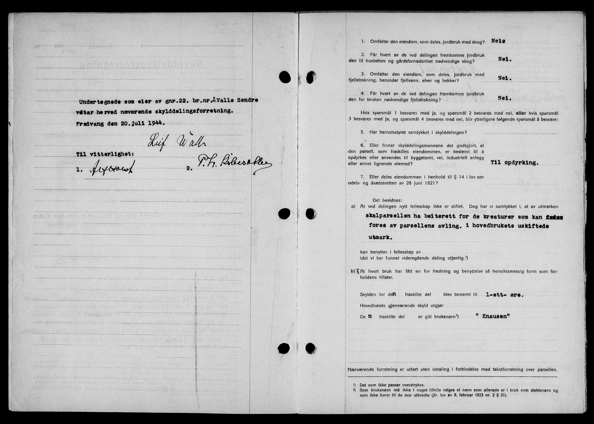 Lofoten sorenskriveri, SAT/A-0017/1/2/2C/L0012a: Mortgage book no. 12a, 1943-1944, Diary no: : 954/1944