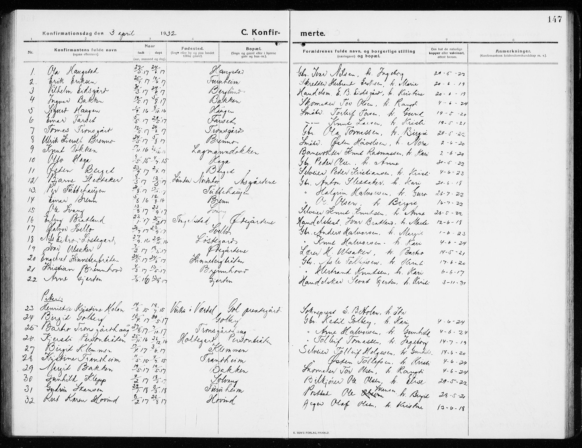 Gol kirkebøker, AV/SAKO-A-226/G/Ga/L0004: Parish register (copy) no. I 4, 1915-1943, p. 147