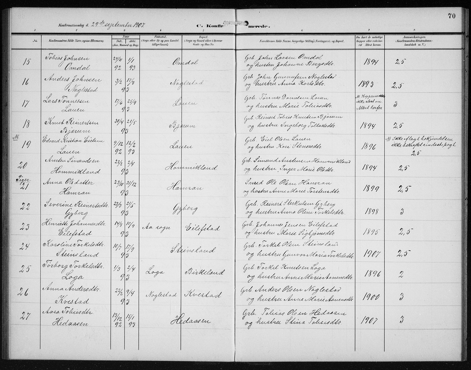 Hægebostad sokneprestkontor, SAK/1111-0024/F/Fb/Fba/L0005: Parish register (copy) no. B 5, 1907-1931, p. 70