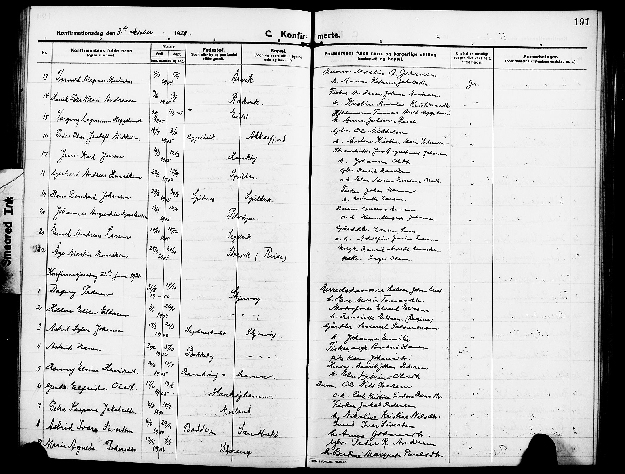 Skjervøy sokneprestkontor, SATØ/S-1300/H/Ha/Hab/L0009klokker: Parish register (copy) no. 9, 1911-1926, p. 191