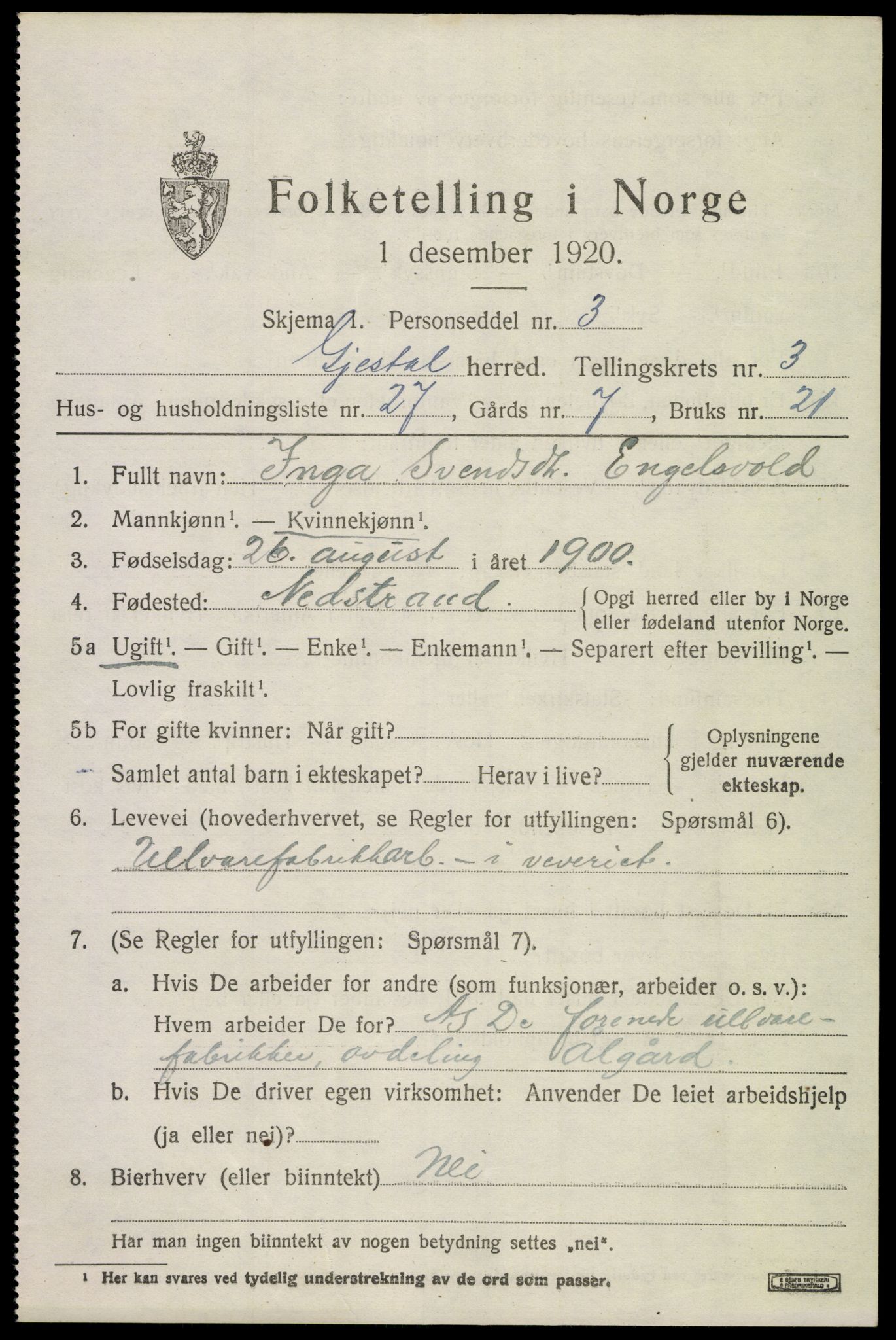 SAST, 1920 census for Gjesdal, 1920, p. 2522