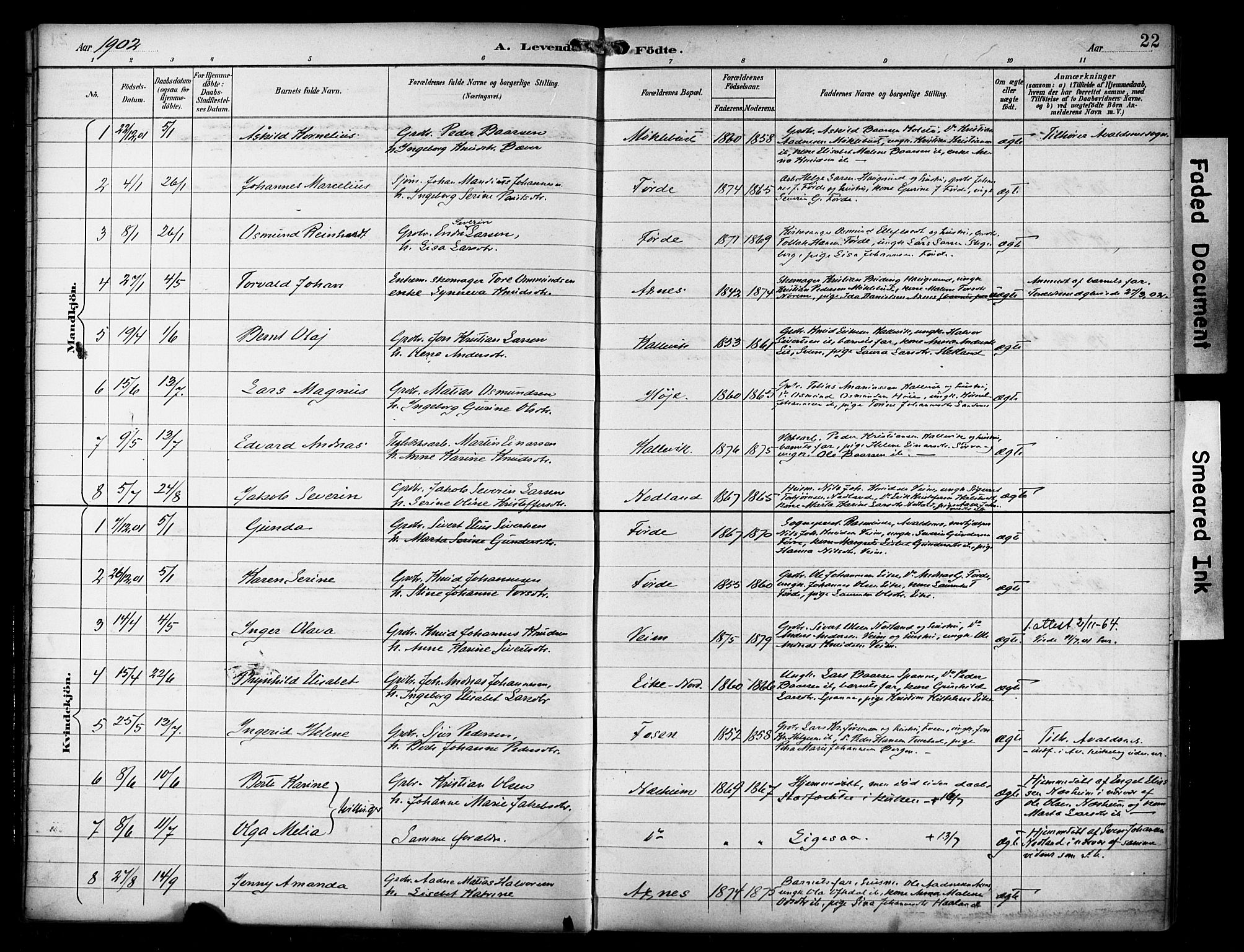 Avaldsnes sokneprestkontor, AV/SAST-A -101851/H/Ha/Haa/L0016: Parish register (official) no. A 16, 1893-1918, p. 22