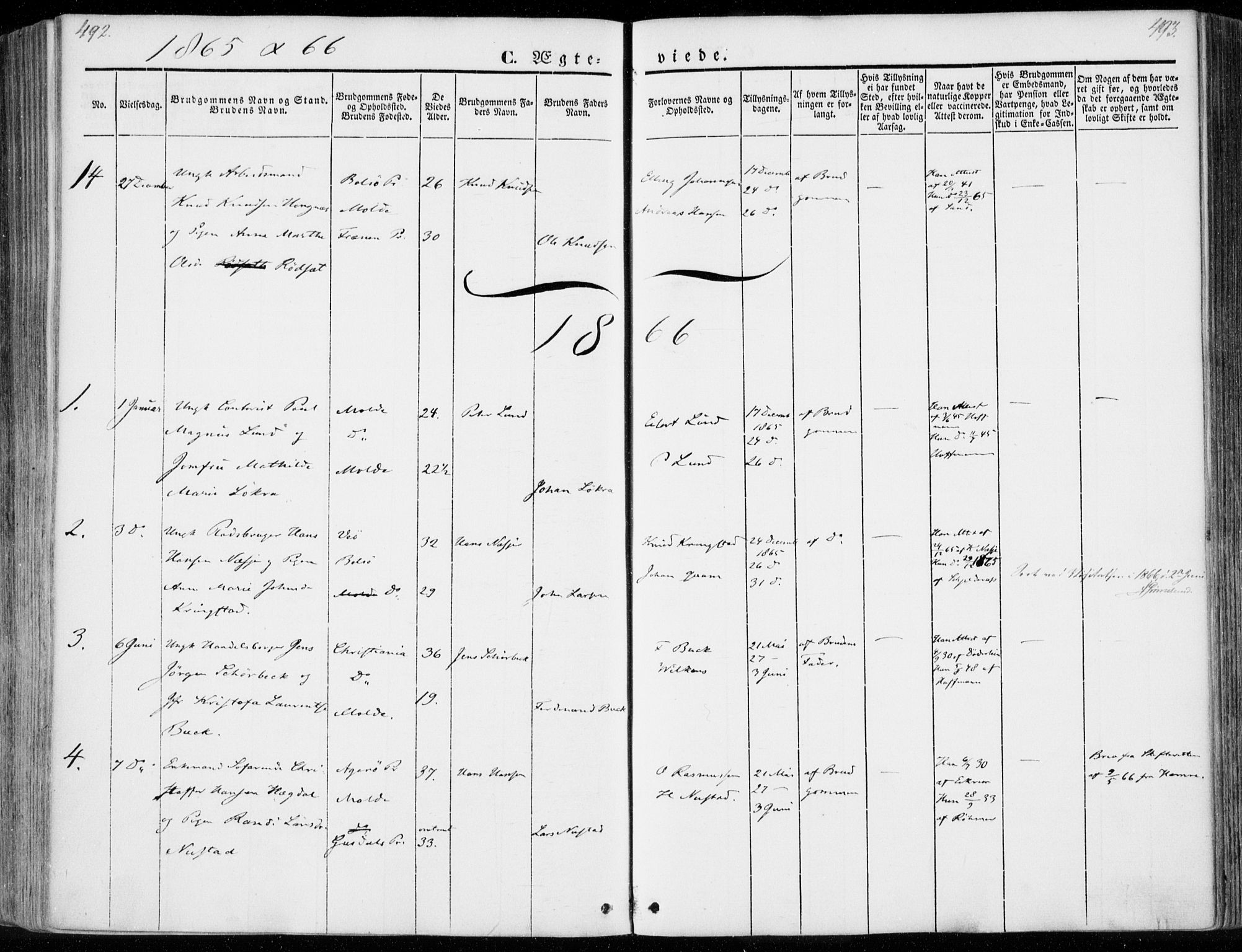 Ministerialprotokoller, klokkerbøker og fødselsregistre - Møre og Romsdal, SAT/A-1454/558/L0689: Parish register (official) no. 558A03, 1843-1872, p. 492-493