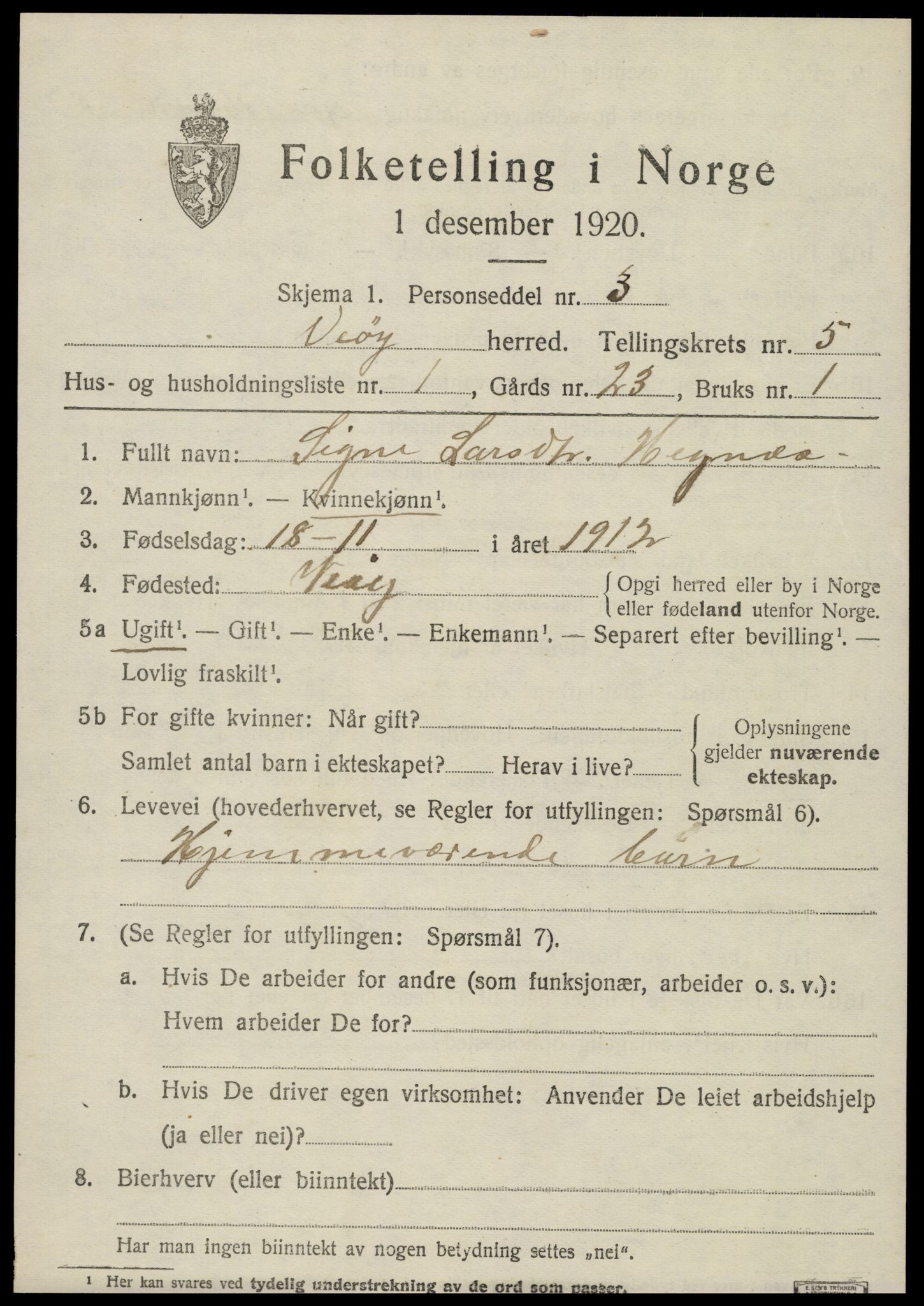 SAT, 1920 census for Veøy, 1920, p. 2327