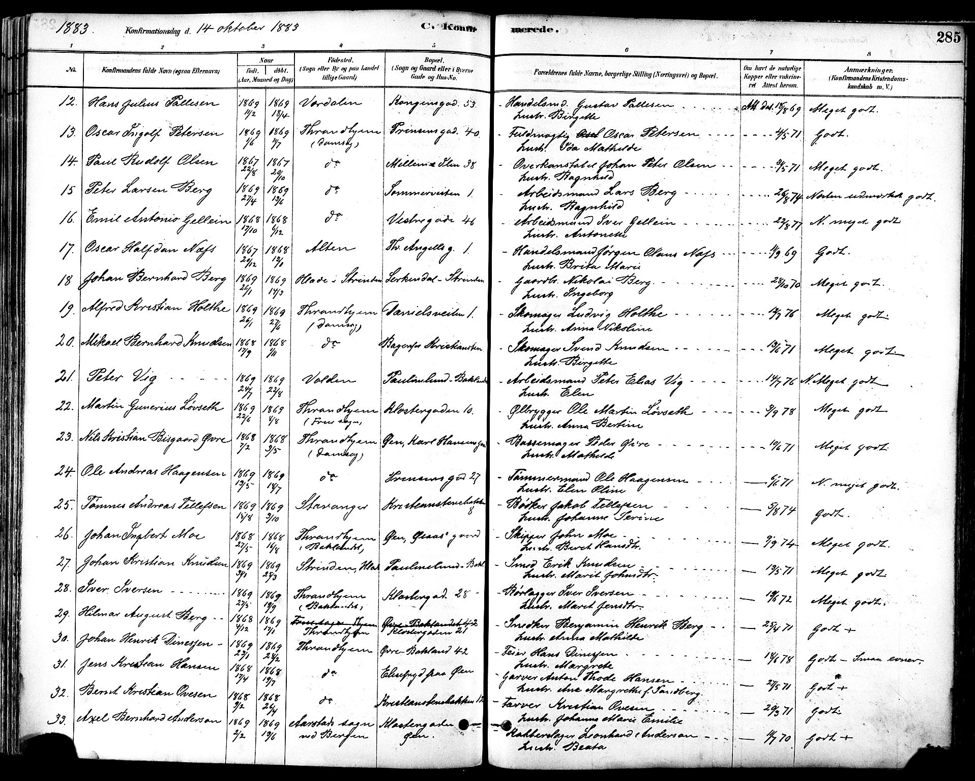 Ministerialprotokoller, klokkerbøker og fødselsregistre - Sør-Trøndelag, SAT/A-1456/601/L0057: Parish register (official) no. 601A25, 1877-1891, p. 285