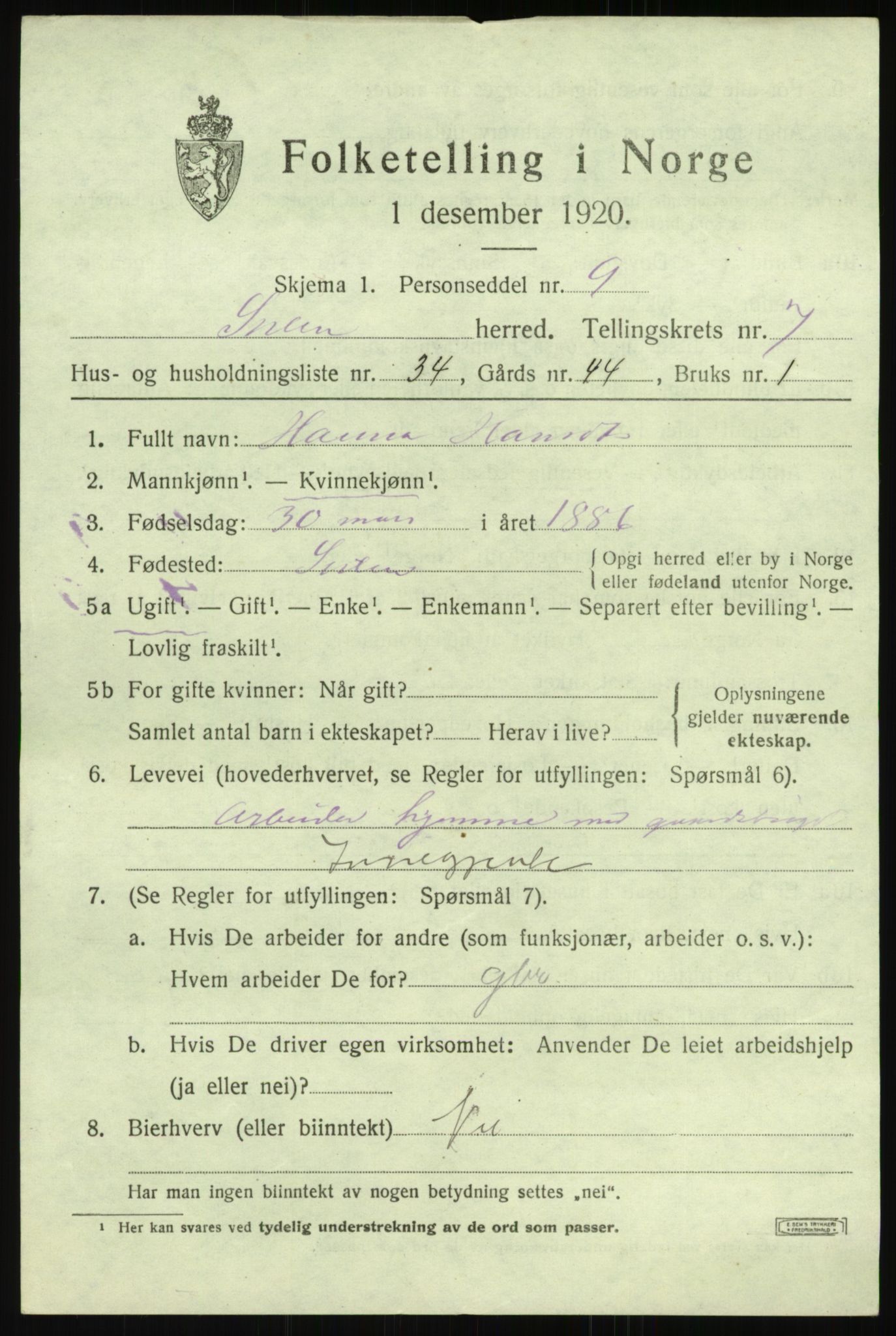 SAB, 1920 census for Solund, 1920, p. 3136