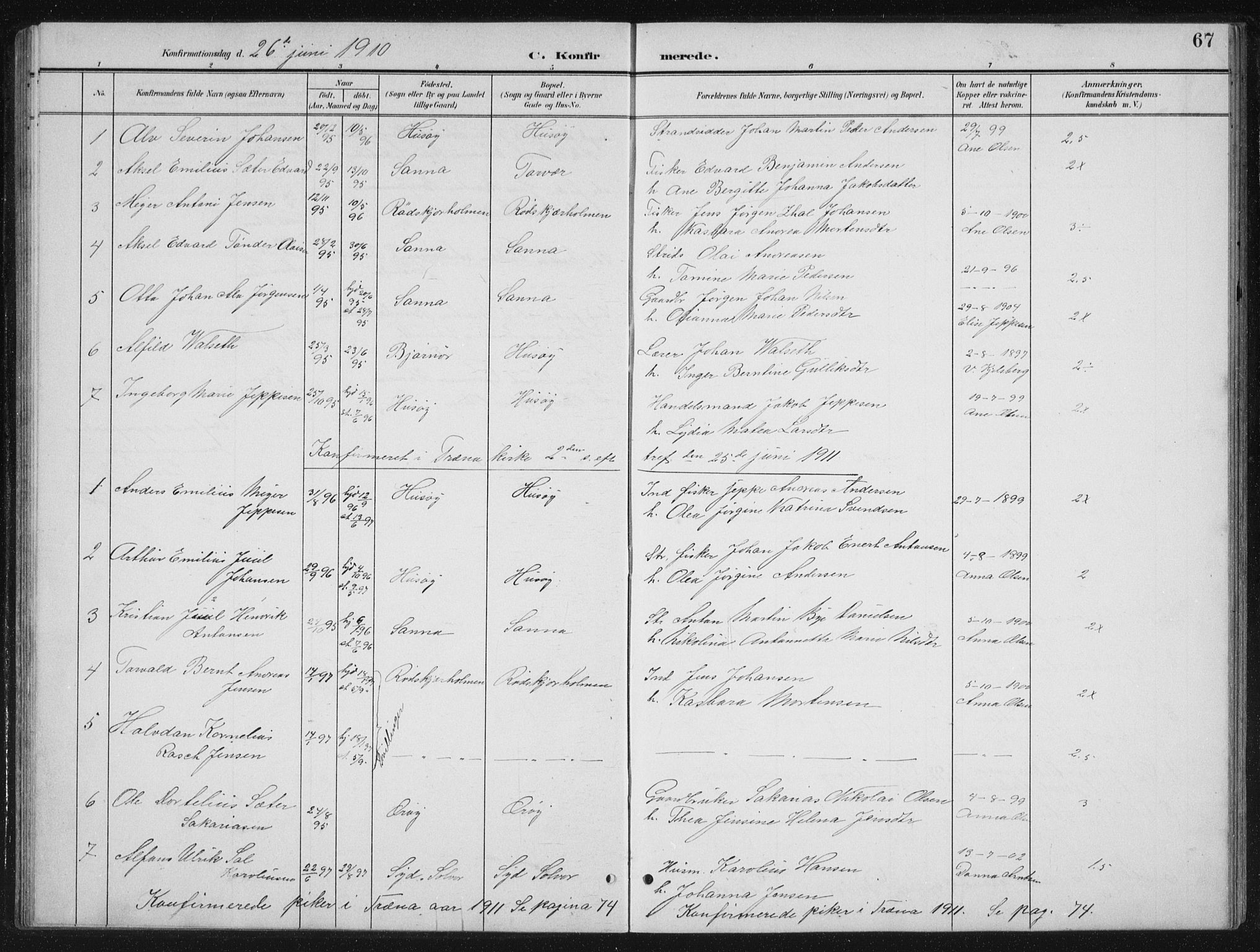 Ministerialprotokoller, klokkerbøker og fødselsregistre - Nordland, SAT/A-1459/840/L0583: Parish register (copy) no. 840C03, 1901-1933, p. 67
